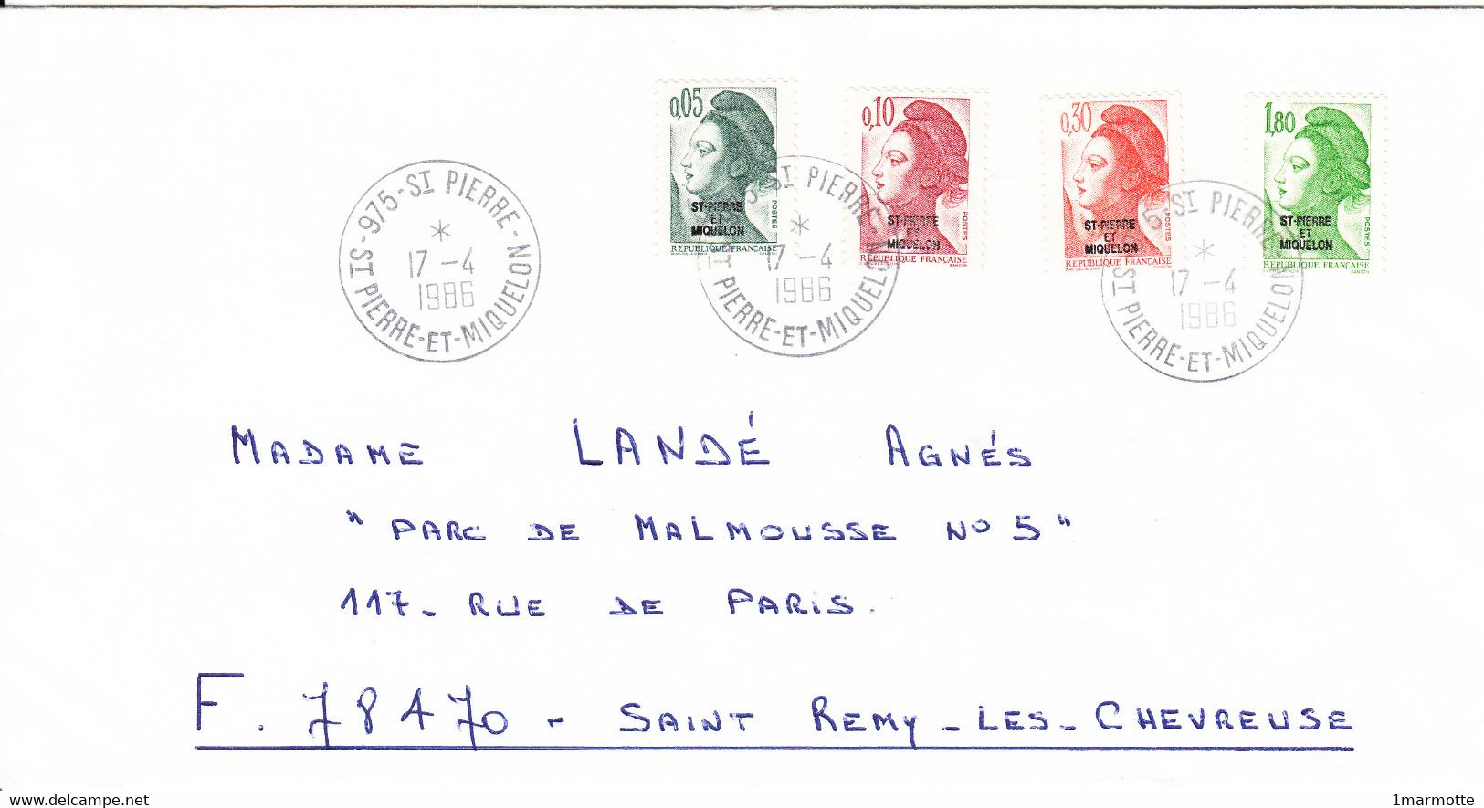 SPM - Enveloppe Avec Liberté De Gandon Surchargée Saint Pierre Et Miquelon - 0,05F, 0,10F, 0,30F, 1,80F - Ayant Circulé. - Briefe U. Dokumente