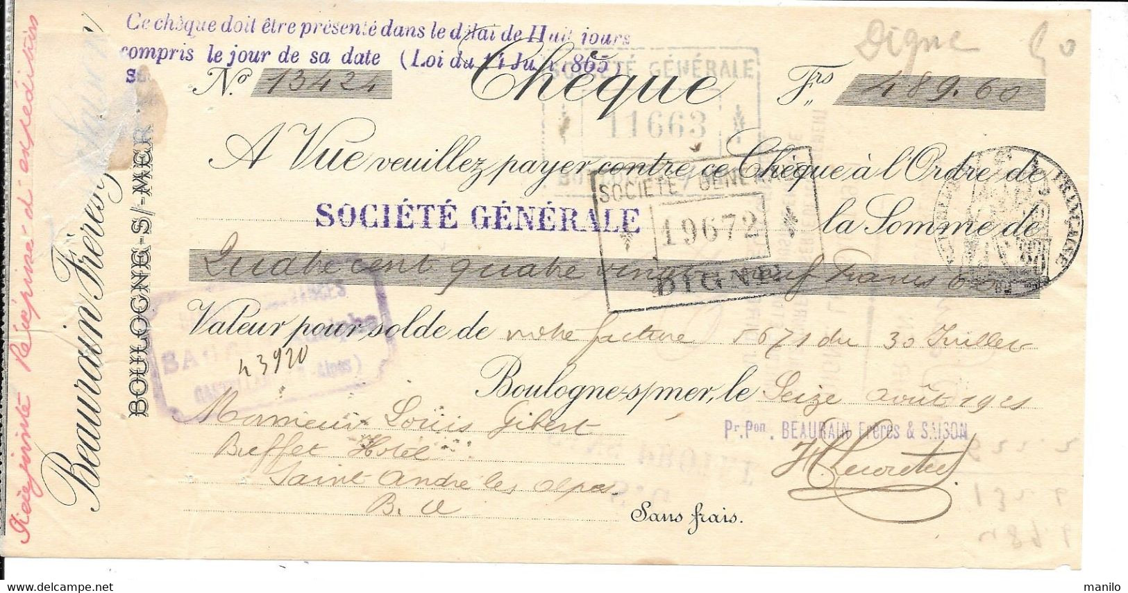 CHEQUE 1921 -  BEAURAIN Boulogne S/M > GIBERT St André Les Alpes - SOCIETE GENERALE Digne - Cheques & Traveler's Cheques