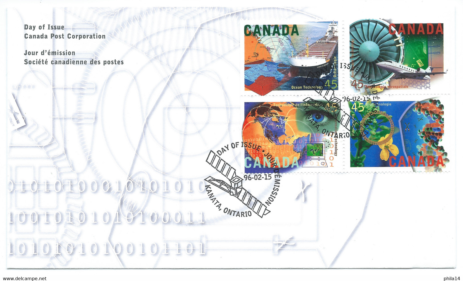 SP FDC Canada 1996 Yvert 1454-57, Technology. Hi-Tech. Ocean. Aerospace, Information & Biotechnology - Block 4 - 1991-2000