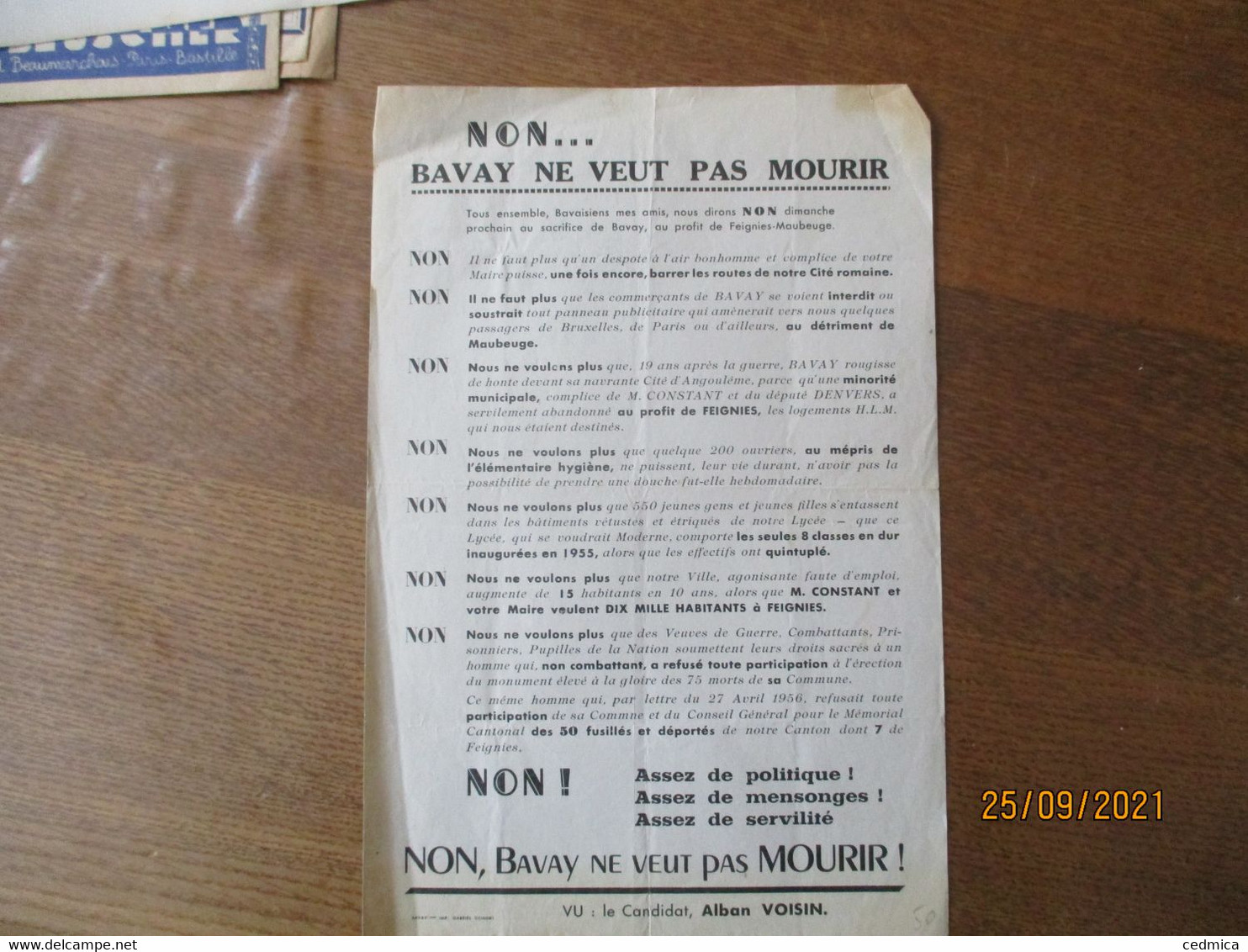 TRACT ELECTORAL DU CANDIDAT ALBAN VOISIN "NON...BAVAY NE VEUT PAS MOURIR" - Historische Documenten