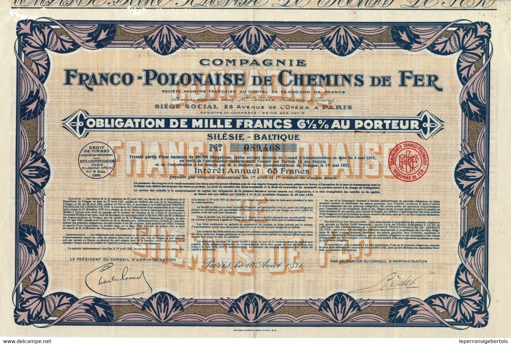 Titre Ancien - Compagnie Franco-Polonaise De Chemins De Fer - Obligation De 1931 - Ligne Silésie-Baltique - - Petrolio