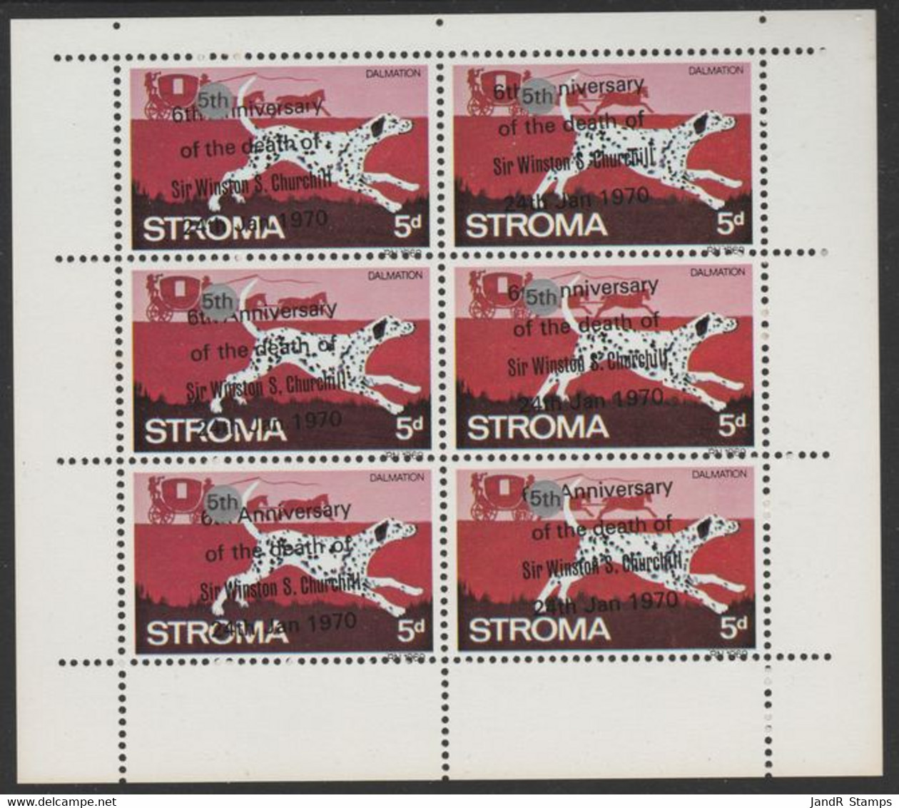 Stroma 1970 Dogs 5d (Dalmation) Opt'd '6th Anniversary Of Death Of Sir Winston Churchill' In Error, And Corrected To 5th - Local Issues