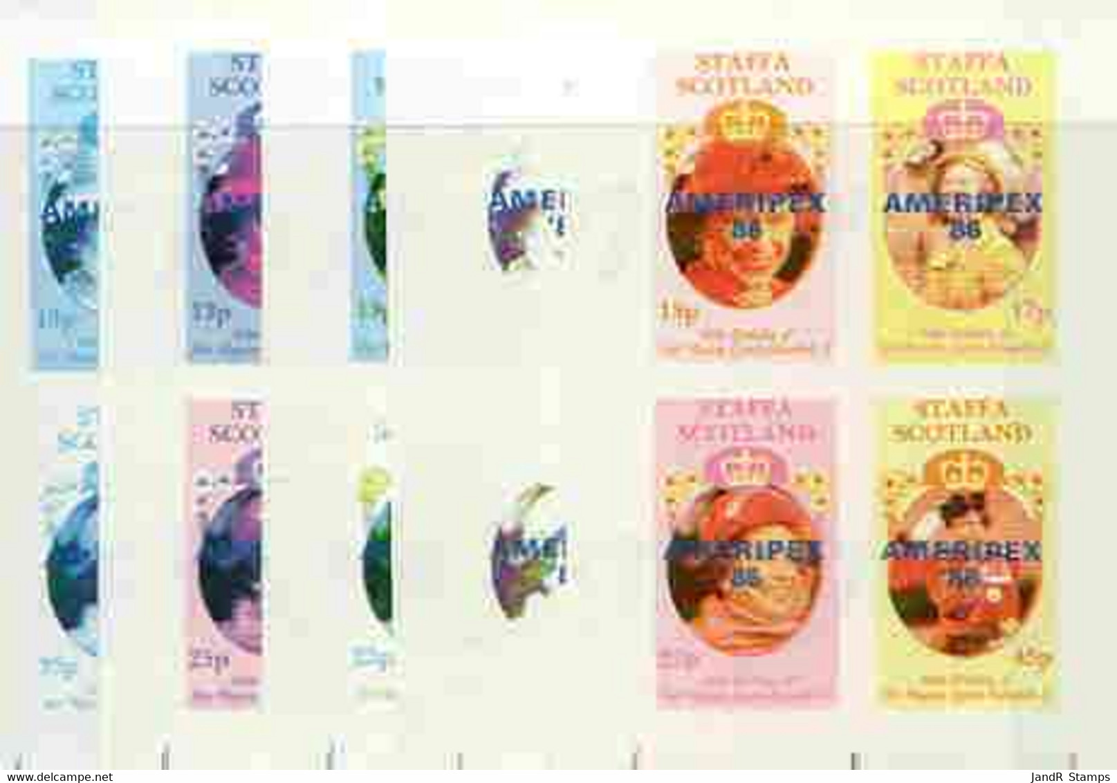 Staffa 1986 Queen's 60th Birthday Imperf Sheetlet 4 Values With AMERIPEX Opt In Blue, Set Of 5 Progressive Proofs - Local Issues