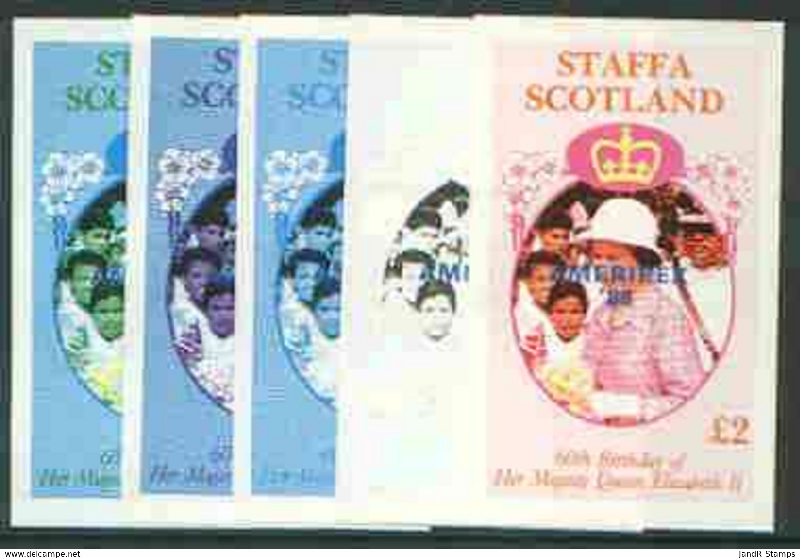 Staffa 1986 Queen's 60th Birthday Imperf Deluxe Sheet (£2 Value) With AMERIPEX Opt In Blue, Set Of 5 Progressive Proof - Local Issues