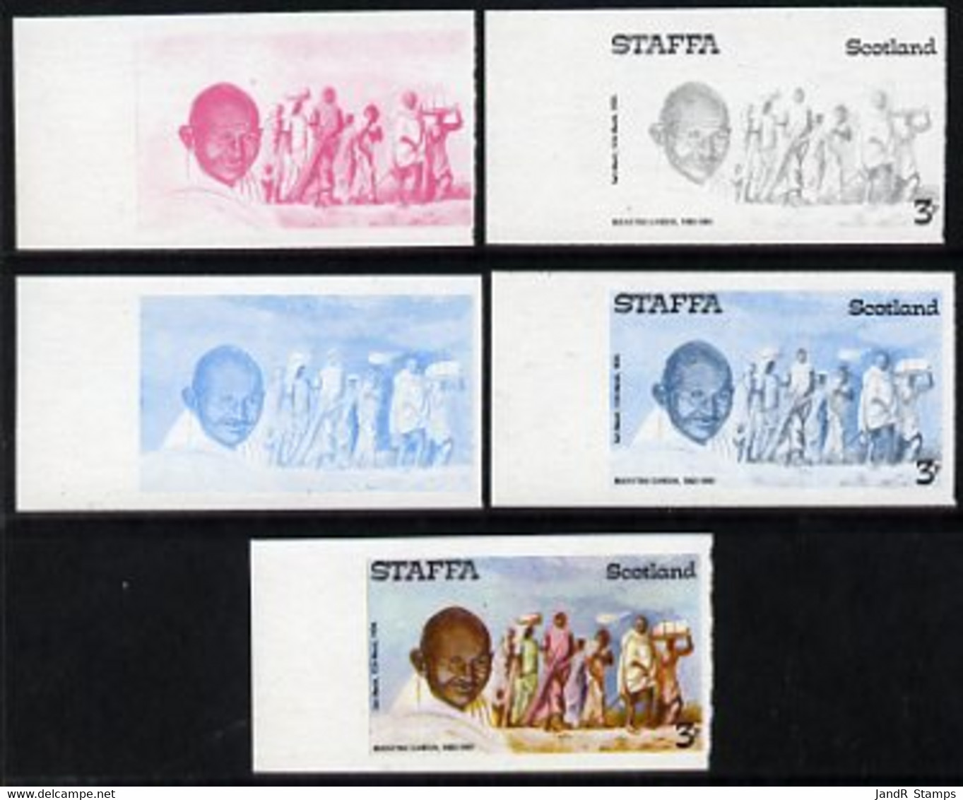 Staffa 1979 Gandhi 3p (on Salt March) Set Of 5 Imperf Progressive Colour Proofs Comprising 3 Individual Colours (red, Bl - Local Issues
