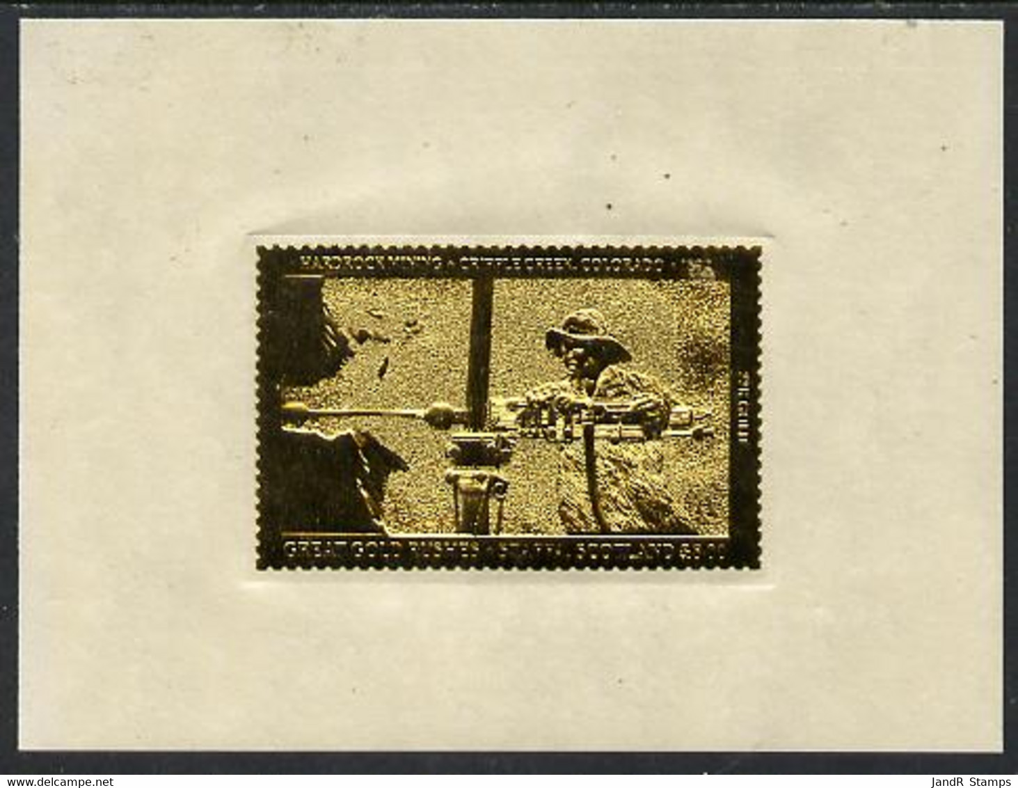 Staffa 1981 Great Gold Rushes £8 Hardrock Mining Embossed In 24k Gold Foil Self-adhesive Sunken Proof Positioned In Cent - Local Issues