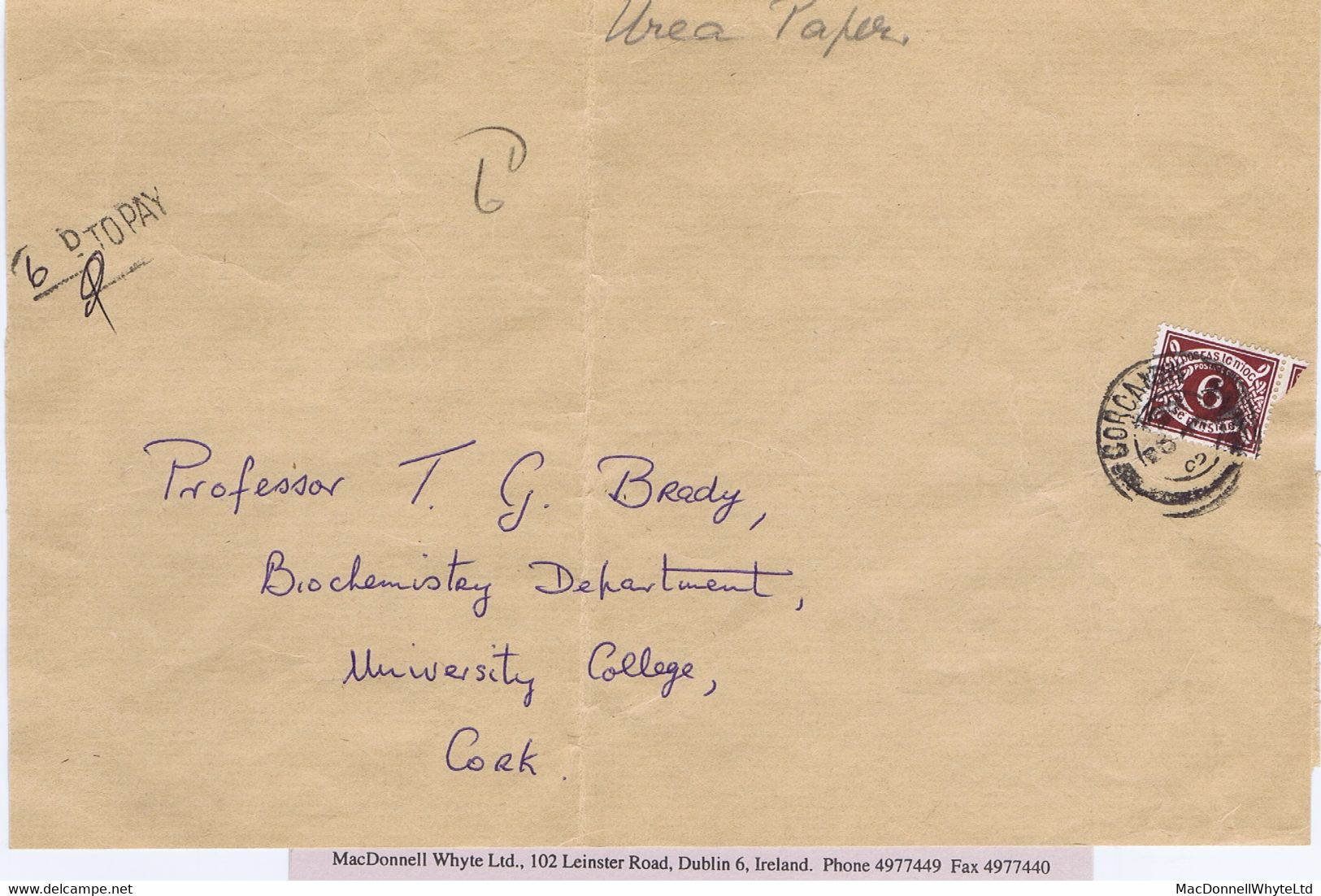 Ireland 1965 Front Of Large Envelope Posted Unpaid To UCC With 6d Purple Tied CORCAIGH Cds - Impuestos