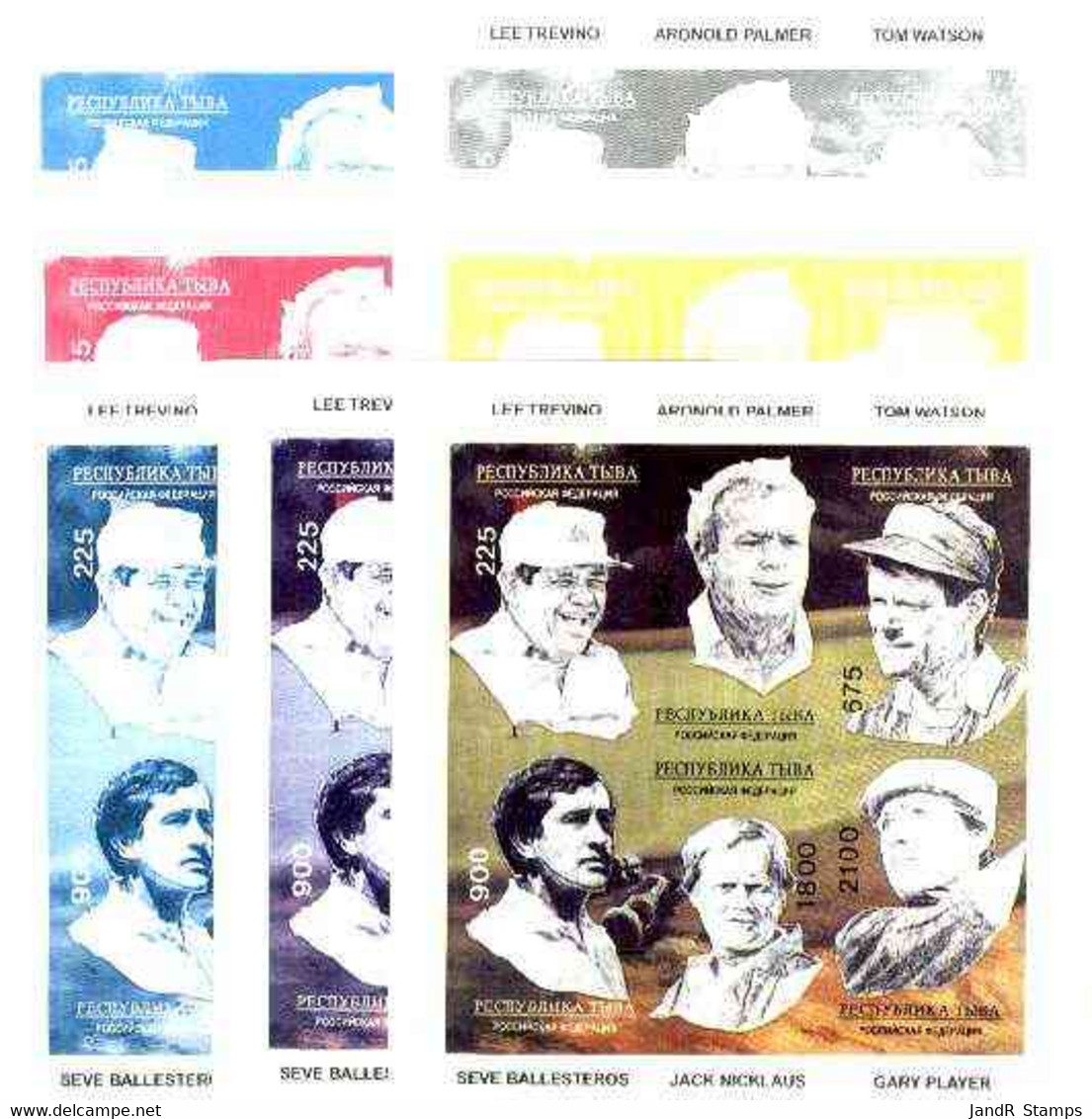 Touva 1995 Golf Legends Sheetlet Set Of 6, The Set Of 7 Imperf Progressive Proofs Comprising The 4 Basic Colours Plus 2, - Touva