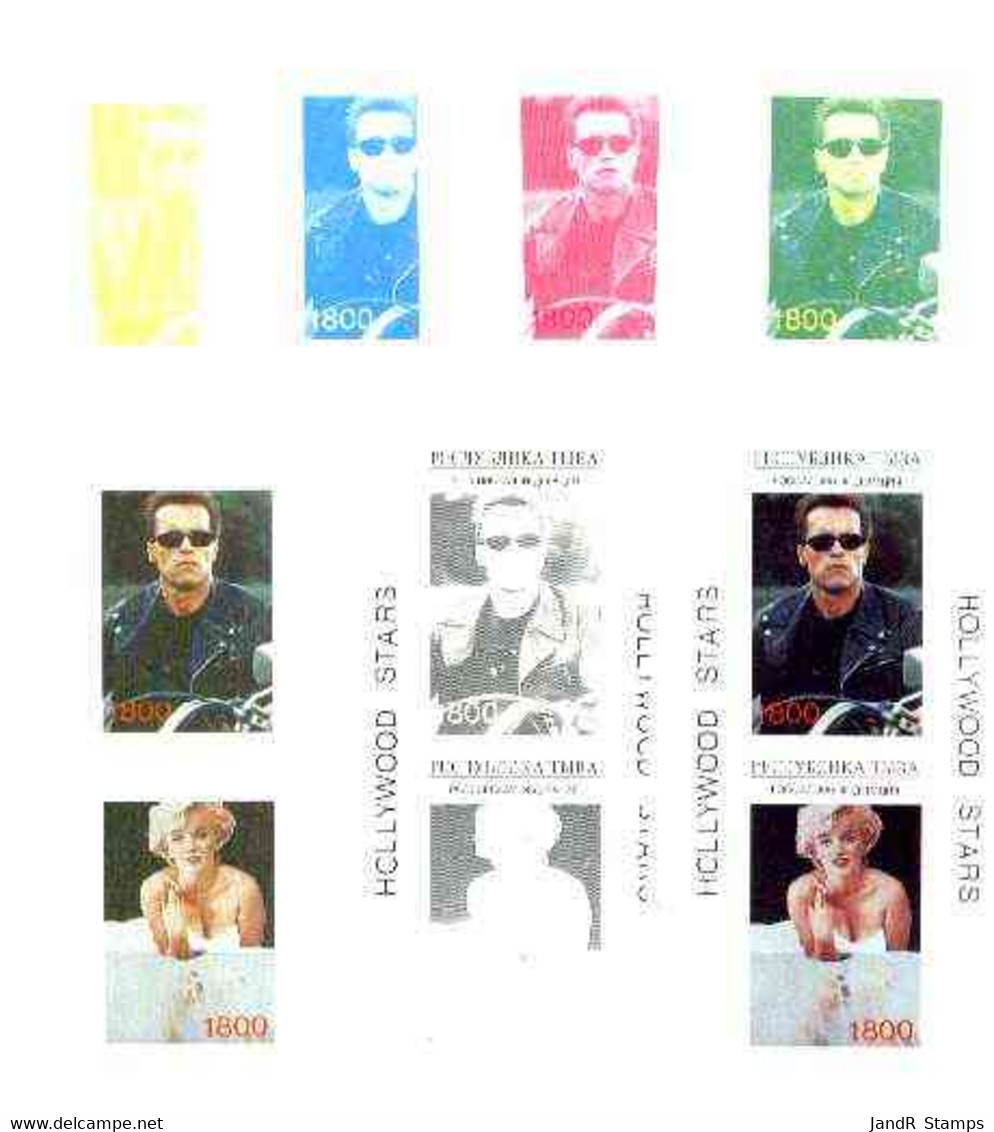 Touva 1995 Hollywood Stars #1 M/sheet 2 Values (Marilyn Monroe & Schwarzenegger) The Set Of 7 Imperf Progressive Proofs - Tuva