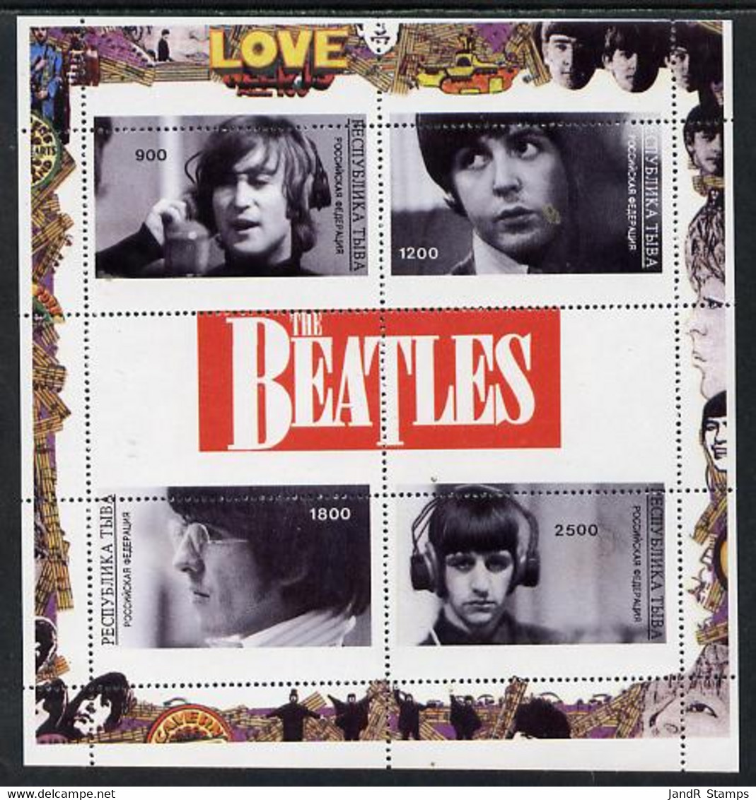 Touva 1996 The Beatles Perf Sheetlet 4 Values & 2 Labels With Perforations Misplaced U/m - Tuva