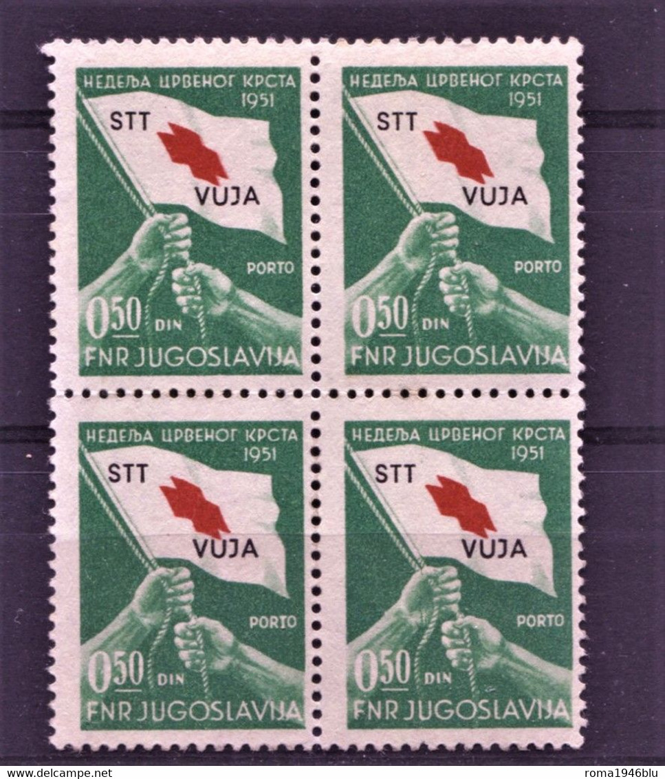 TRIESTE B 1951 PRO CROCE ROSSA 0,50 VERDE E ROSSO QUARTINA ** MNH LUSSO - Mint/hinged