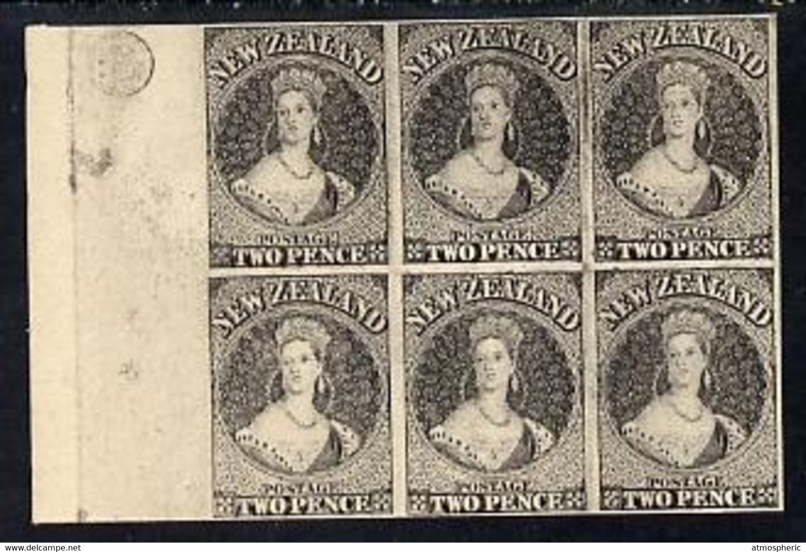New Zealand 1855 Chalon Head 2d Hausberg's Imperf Proof Block Of 6 In Black On White Card, Very Fine - Unused Stamps