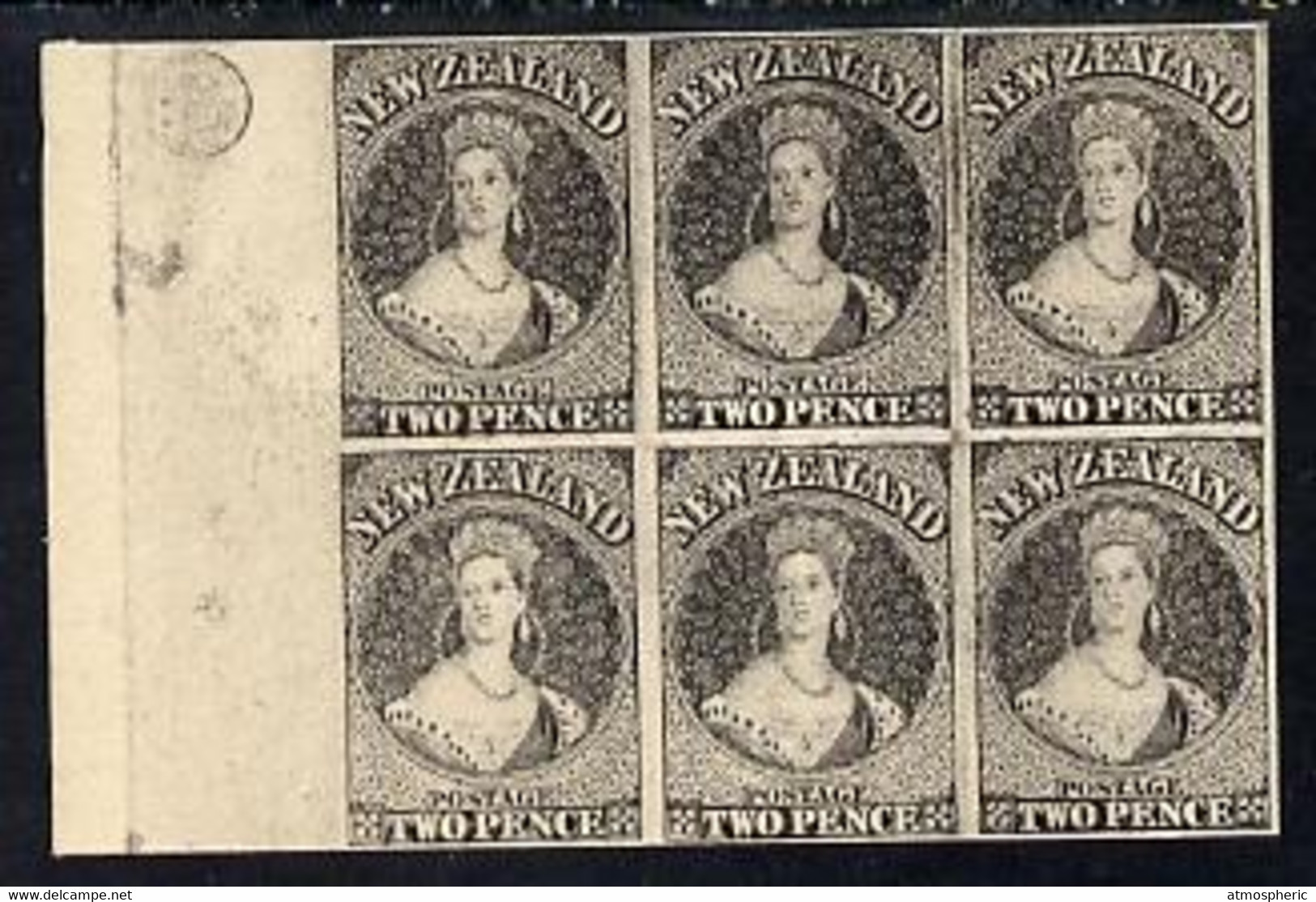 New Zealand 1855 Chalon Head 2d Hausberg's Imperf Proof Block Of 6 In Black On White Card, Very Fine - Ongebruikt