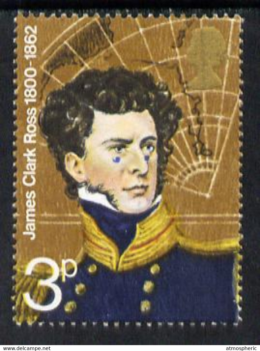 Great Britain 1972 British Polar Explorers 3p (James Clark Ross) Unmounted Mint With Fine 1.5mm Drop Of Blue (eyes On Ch - Variétés, Erreurs & Curiosités