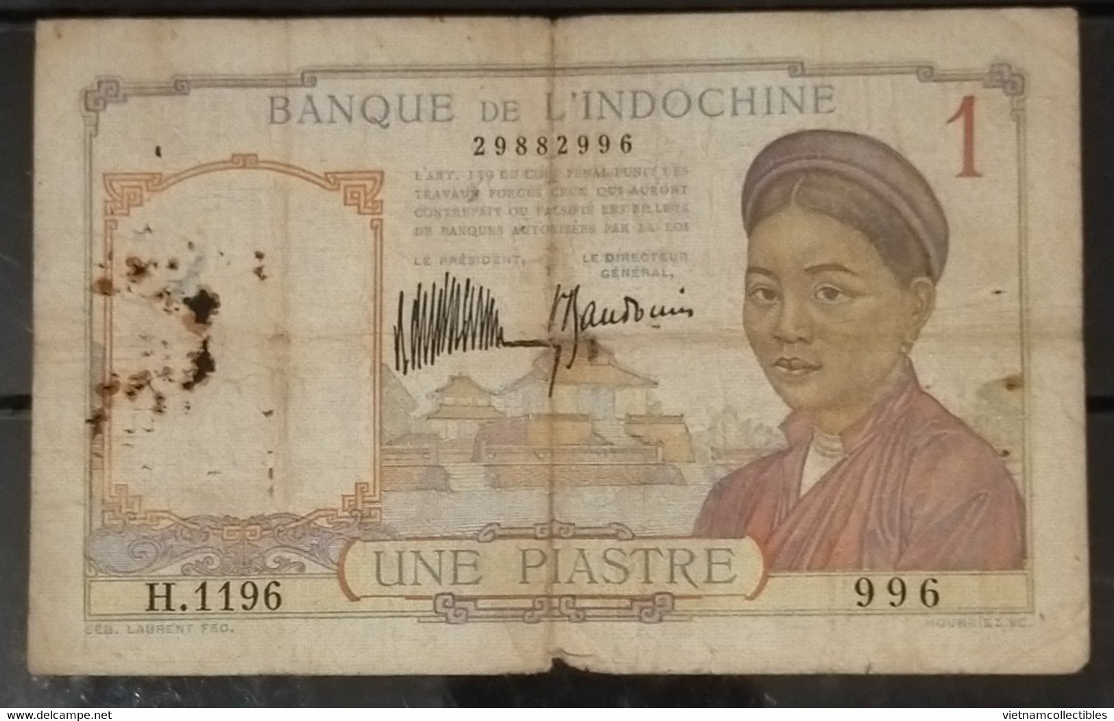 French Indochina Indo China Indochine Vietnam Cambodia 1 Piastre Fine Banknote Note / Billet 1932-49 - Pick # 54a - Indochine