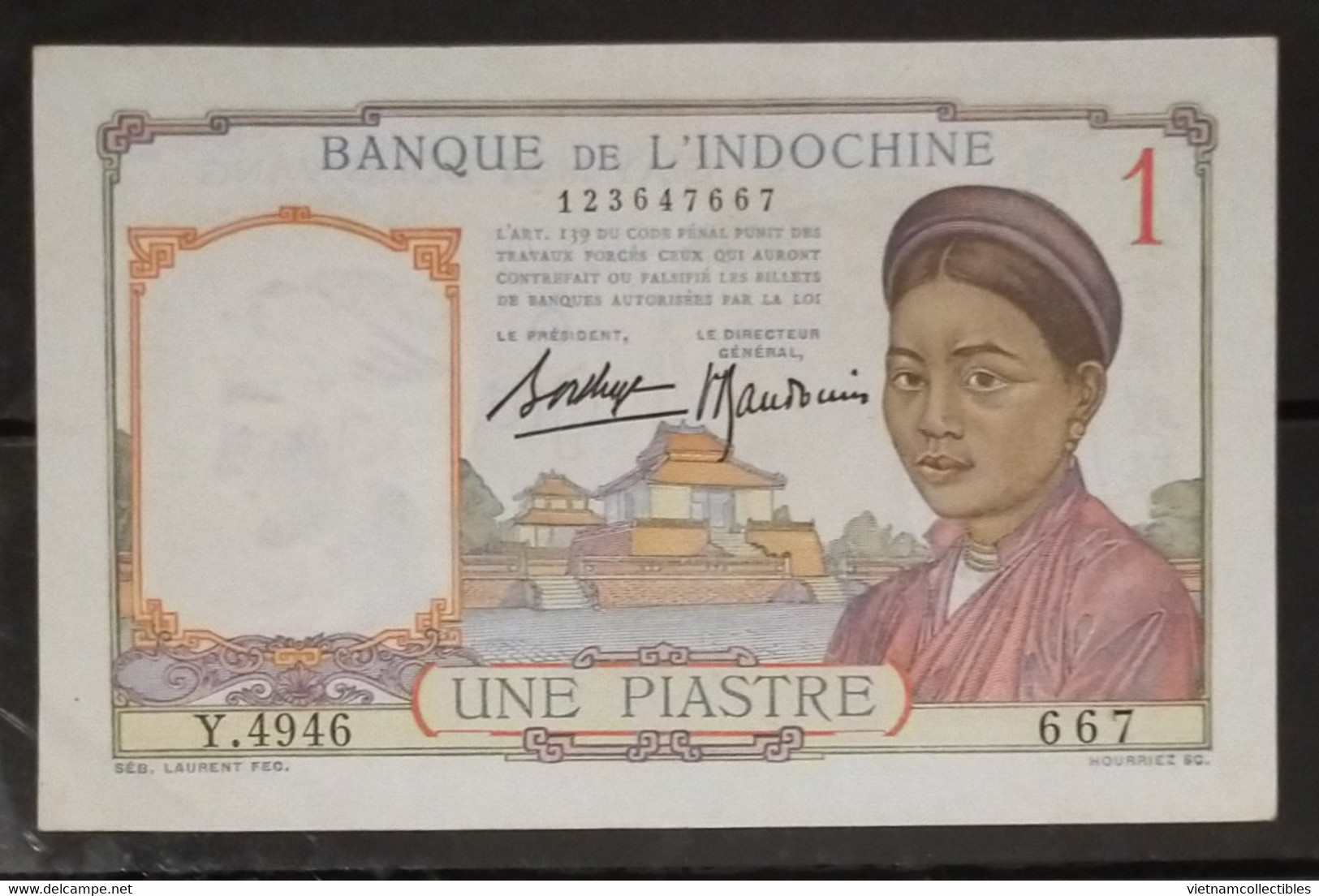 French Indochina Indo China Indochine Vietnam Cambodia 1 Piastre UNC Banknote Note / Billet 1932-49 - Pick # 54b - Indochine