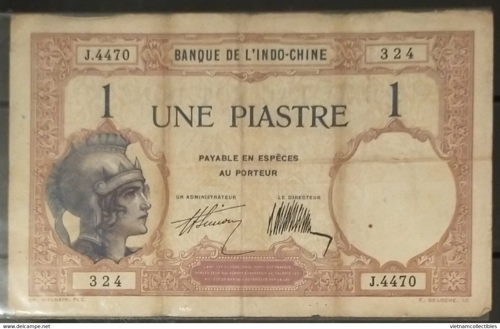 Indochina Indochine Vietnam Viet Nam Laos Cambodia 1 Piastre VF Banknote Note / Billet 1921-31 / Pick # 48b / 2 Photos - Indochine