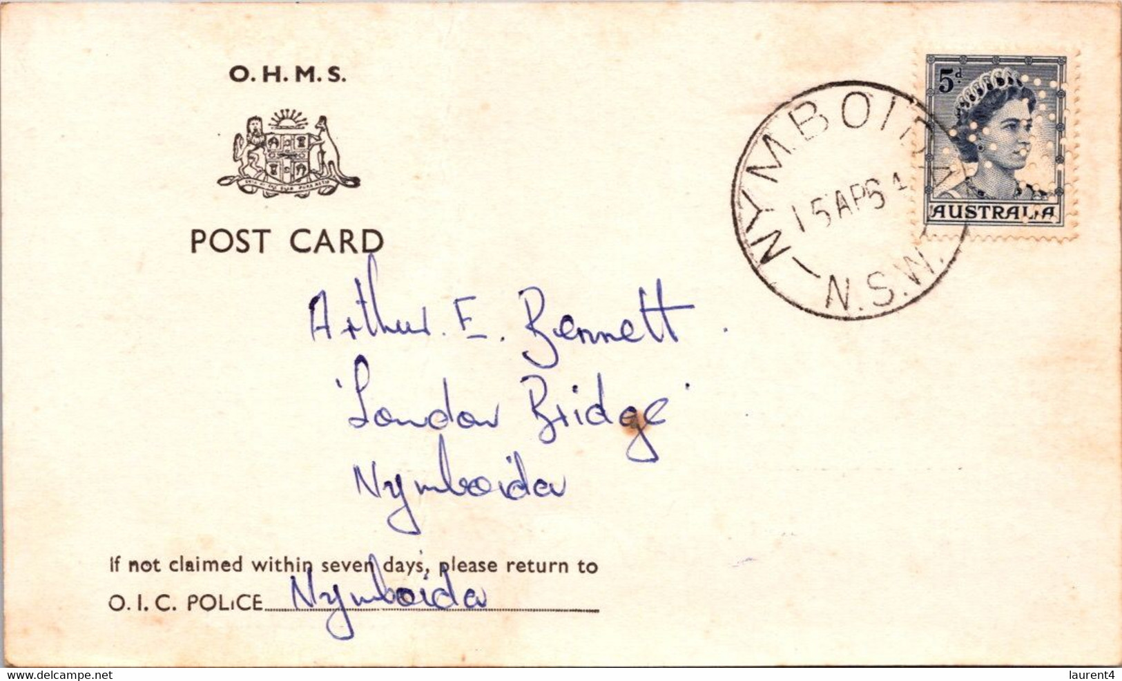 (3 A 18) Australia In 1951 ? - Posted O.H.M.S - O.I.C Police - Postcard With Perfins Stamp - Perforiert/Gezähnt