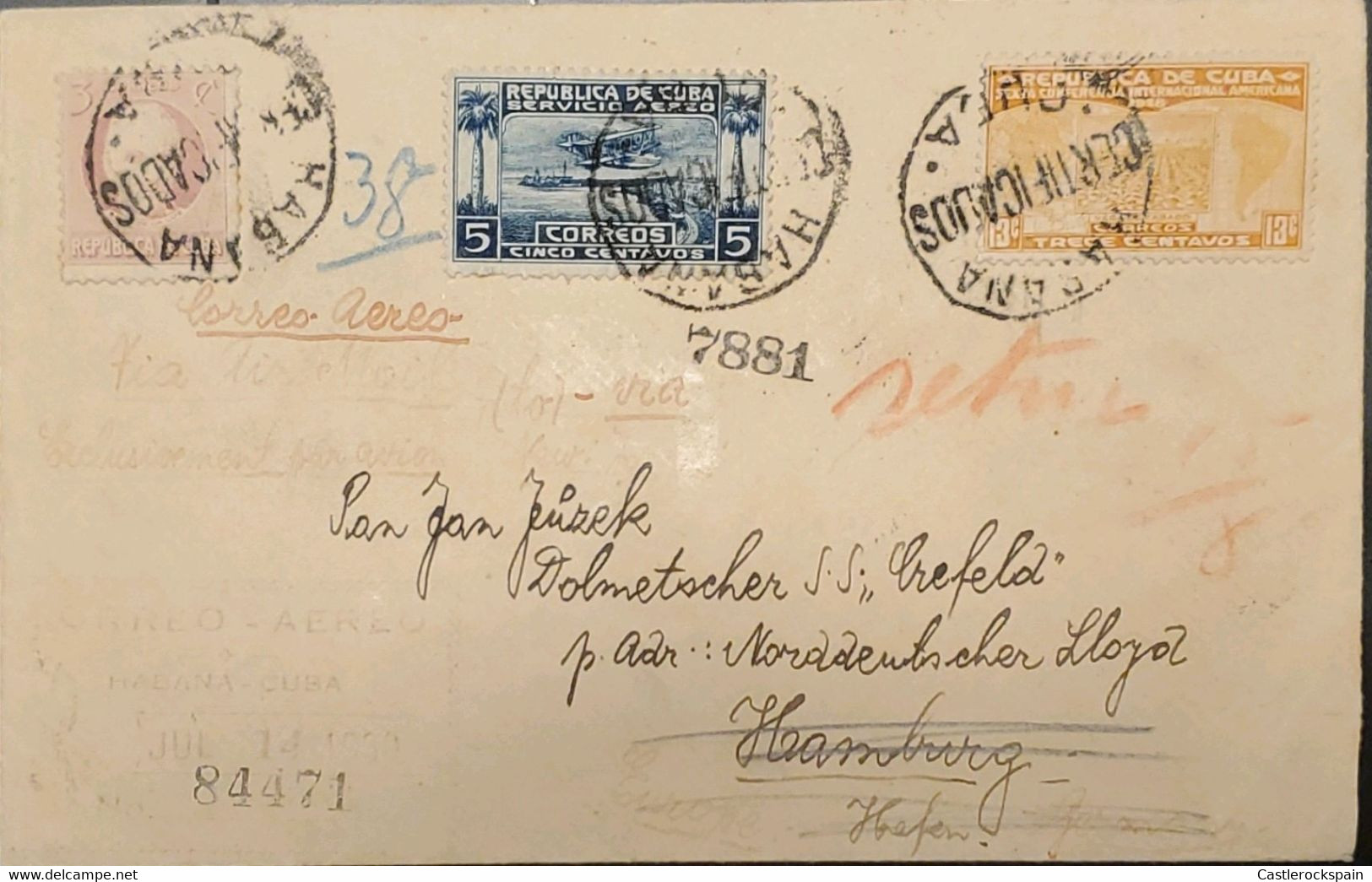 O) 1918 CUBA, CARIBBEAN, JOSE DE LA LUZ CABALLERO, TOBACCO PLANTATION, PAN AMERICAN CONFERENCE, SEAPLANE, VIA AIRMAIL, X - Cartas & Documentos