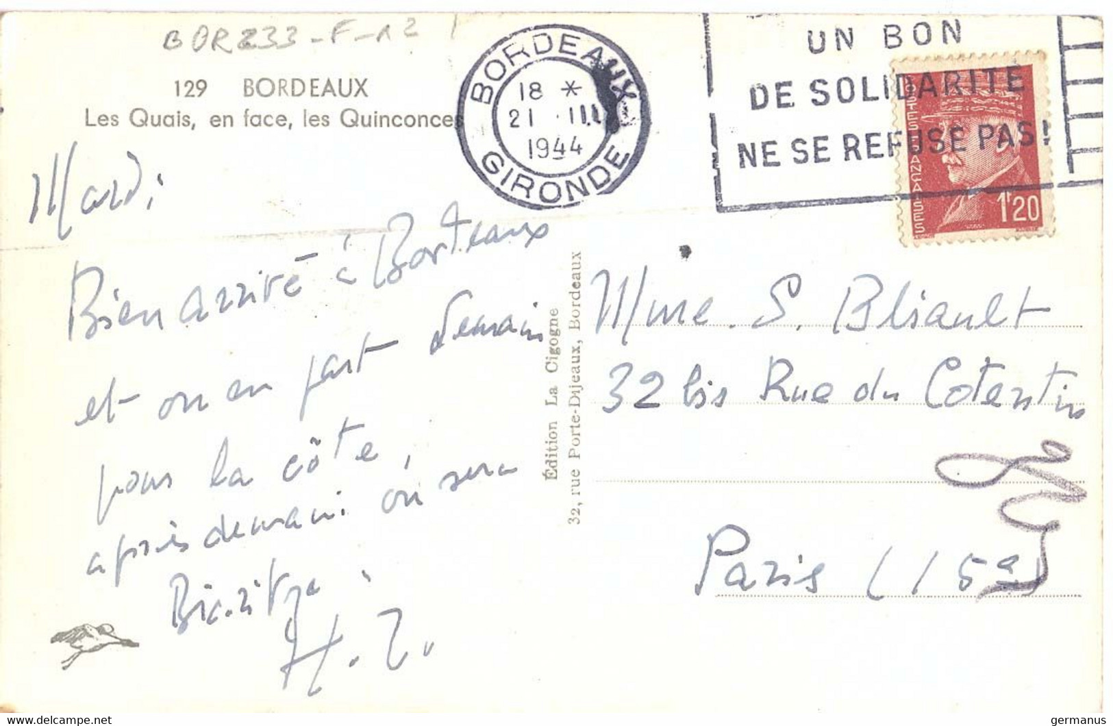 BORDEAUX GIRONDE OMec FLIER 21.III 1944 UN BON / DE SOLIDARITÉ / NE SE REFUSE PAS ! - Mechanical Postmarks (Advertisement)