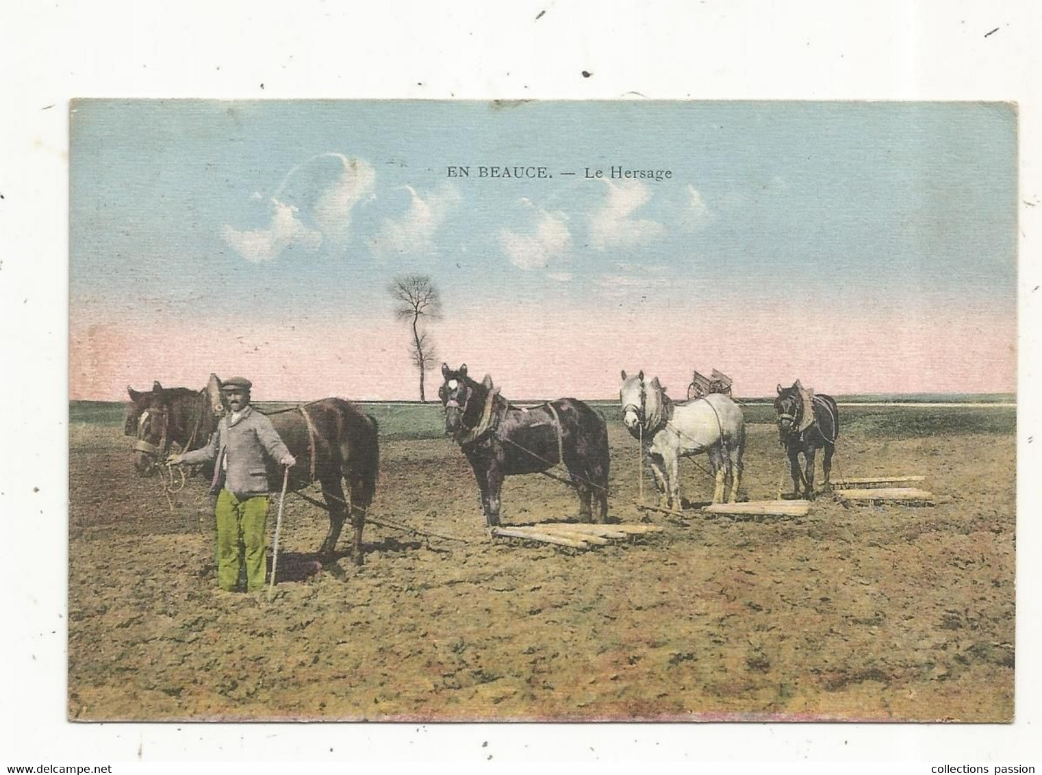 Cp , Agriculture , Le Hersage , Chevaux ,EN BEAUCE , Voyagée 1932 - Landbouw