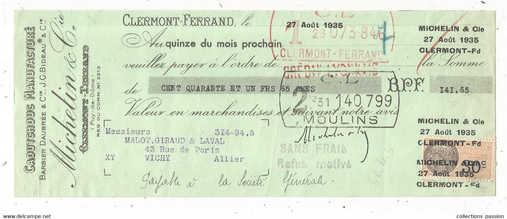 Lettre De Change,billet à Ordre, MICHELIN & Cie, Clermont Ferrand ,1935 , 2 Scans , Frais Fr 1.65 E - Lettres De Change