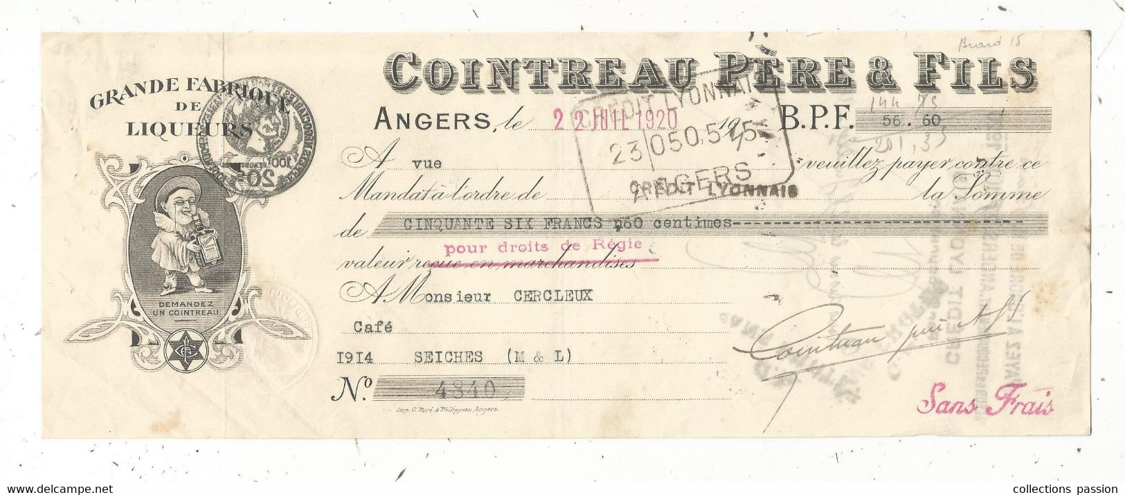 Lettre De Change, Mandat, COINTREAU PERE & FILS , Angers ,1920 , 2 Scans , Frais Fr 1.65 E - Lettres De Change