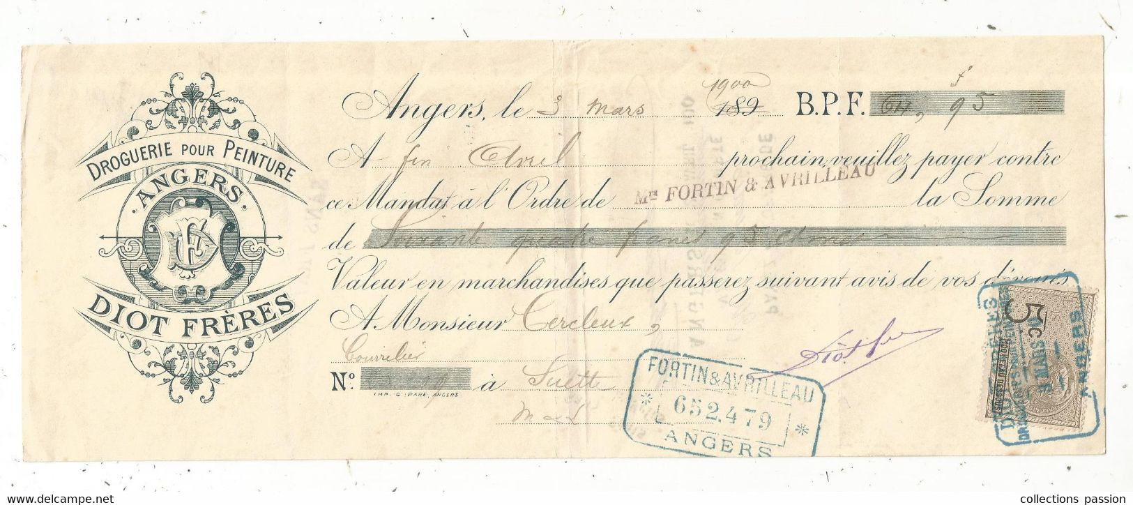 Lettre De Change, Mandat, Droguerie , DIOT FRERES,Angers,1900,timbrée , 2 Scans , Frais Fr 1.65 E - Lettres De Change