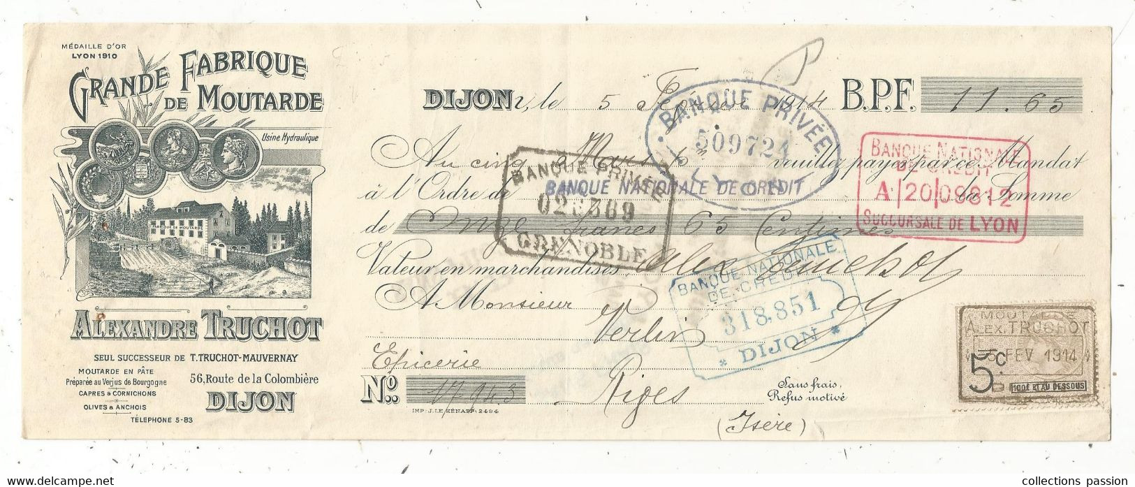 Lettre De Change, Mandat, Moutarde , Alexandre Truchot ,DIJON ,1914 , 2 Scans , Frais Fr 1.65 E - Lettres De Change