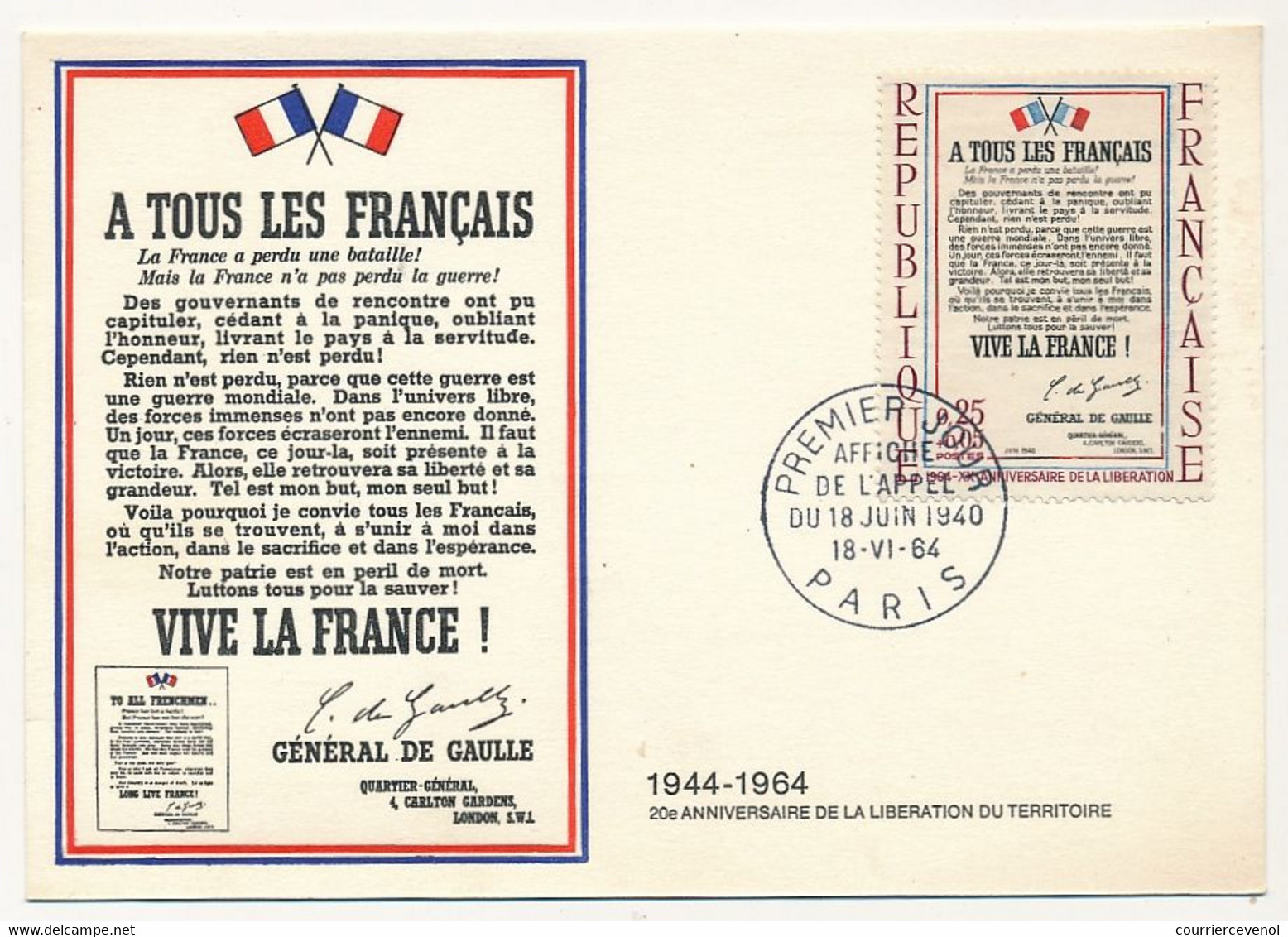 FRANCE - Carte Maximum - 0,25 + 0,05 Affiche Appel Du 18 Juin 1940 - Paris - 18 Juin 1964 - 1960-1969