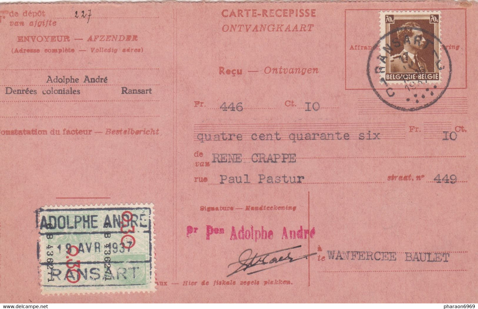 Carte Récépissé 4275 Timbre Fiscal Ransart - 1934-1935 Leopold III.