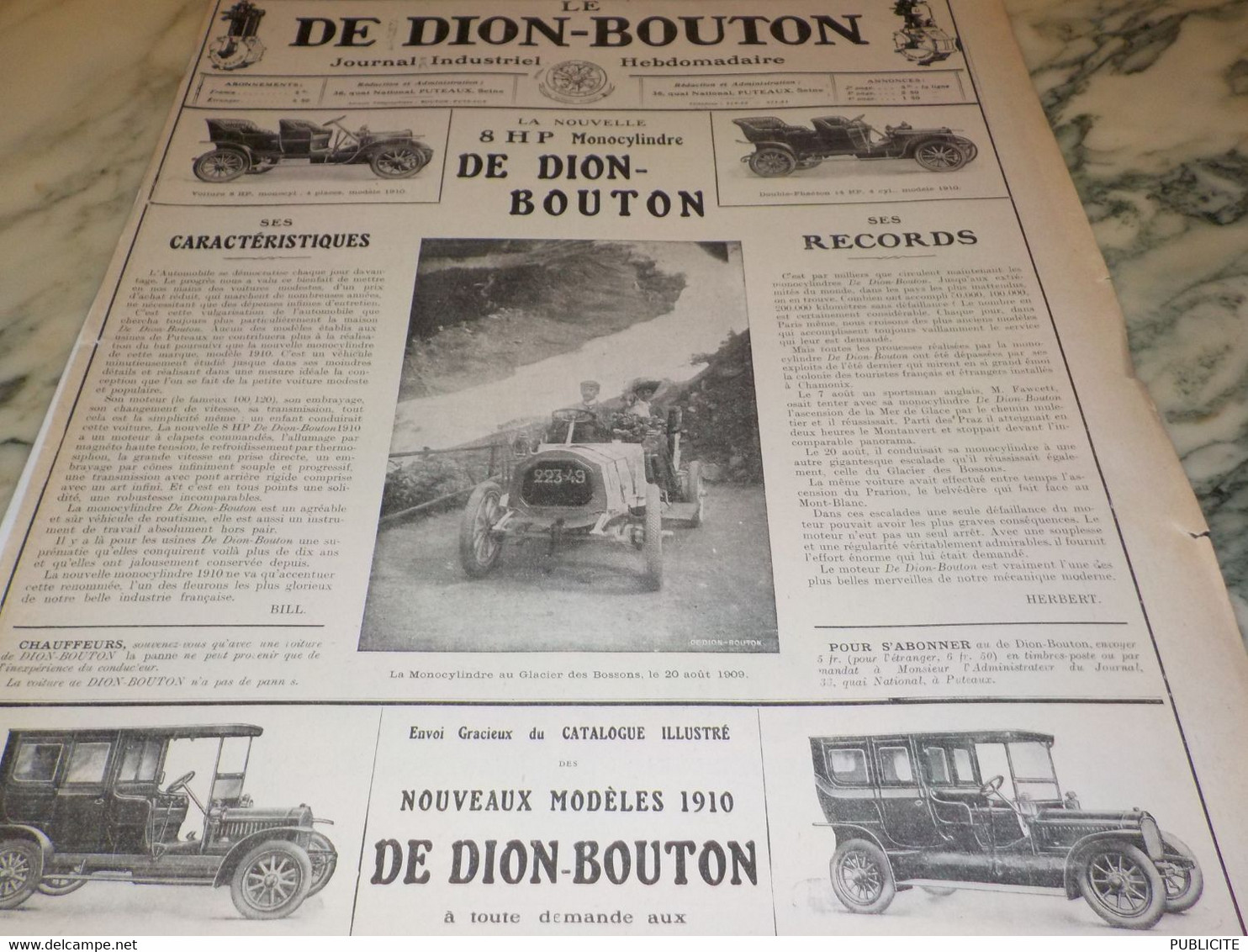 ANCIENNE PUBLICITE JOURNAL INDUSTRIEL AUTOMOBILE DE DION BOUTON 1909 - Cars