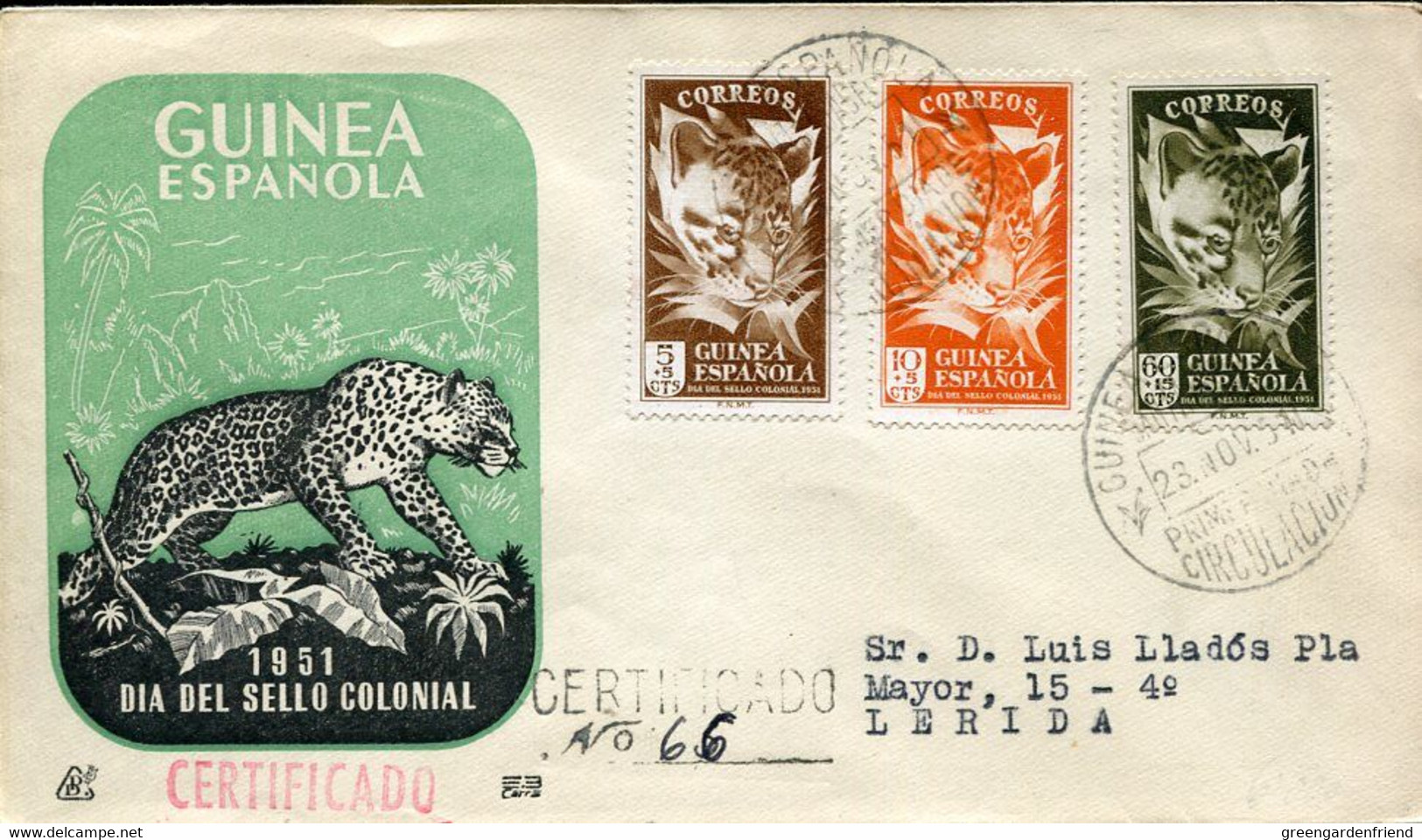 66494 Guinea Espanola, Fdc Circuled Registered 23.11.1951  Dia Del Sello Colonial - Guinea Espagnole