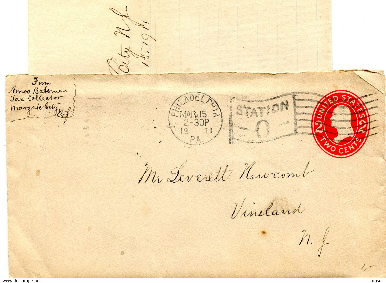 1911 2c Prepaid Cover From A Tax Collector Margate City To Vineland - With Letter And TAX NOTICE 1910 - 1901-20