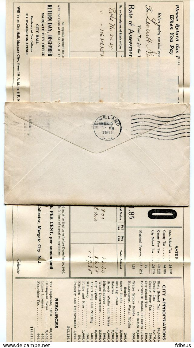 1911 2c Prepaid Cover From A Tax Collector Margate City To Vineland - With Letter And TAX NOTICE 1910 - 1901-20