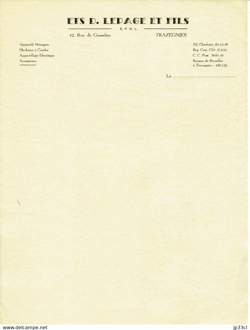 Ancien Papier à Lettre Vierge Des Ets D. LEPAGE Et FILS, Rue De Gosselies, Trazegnies (format A4) - 1950 - ...