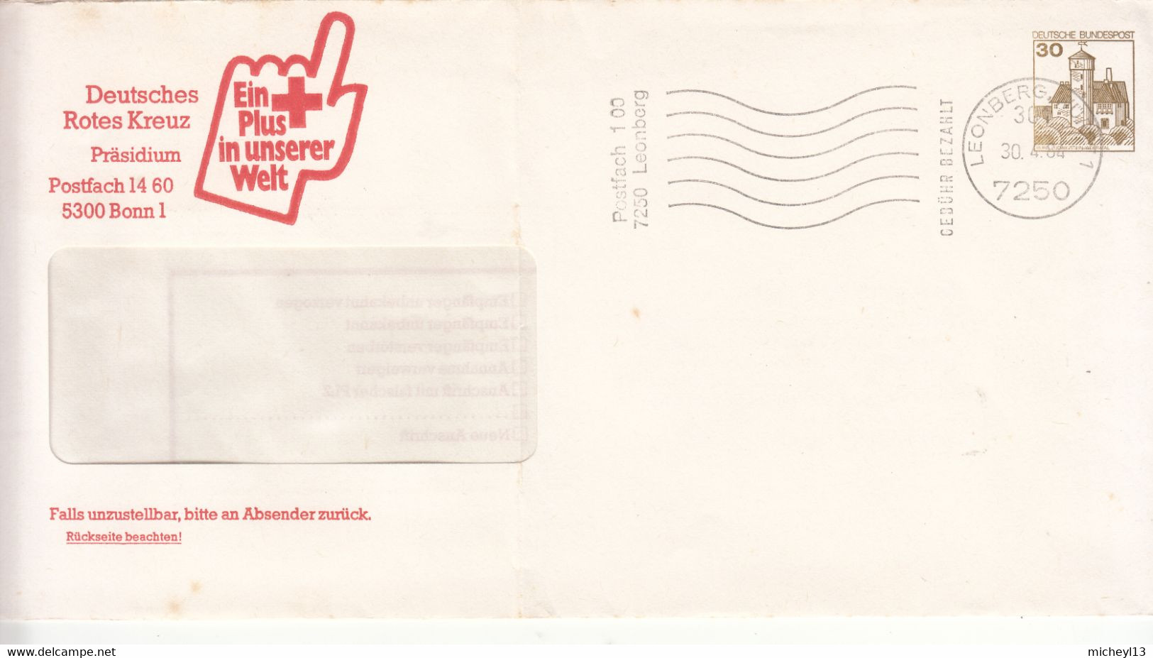 Allemagne-Entier Postal-DEutsches Rotes Kreuz- Croix Rouge Allemande-30/4/1984 - Enveloppes Privées - Oblitérées