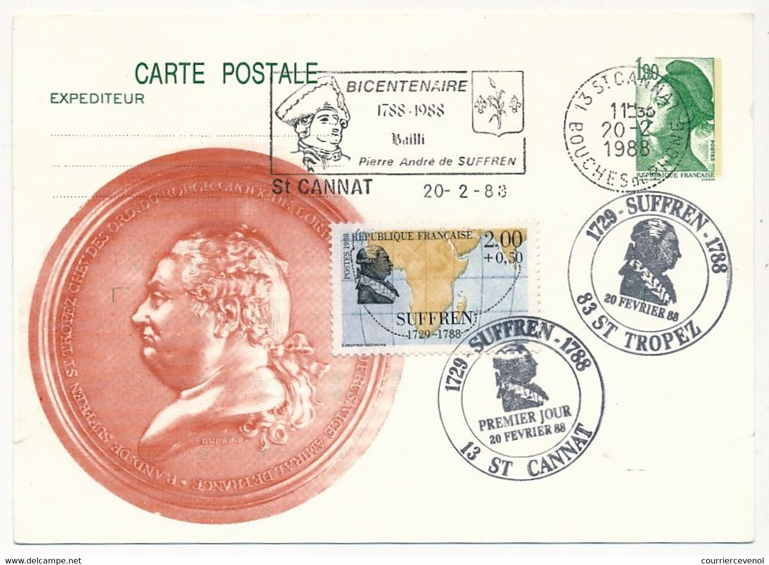 FRANCE => Entier Repiqué "Suffren" - OMEC Concordante St Cannat 20/2/88 + Timbre Obl P.J - Postales  Transplantadas (antes 1995)