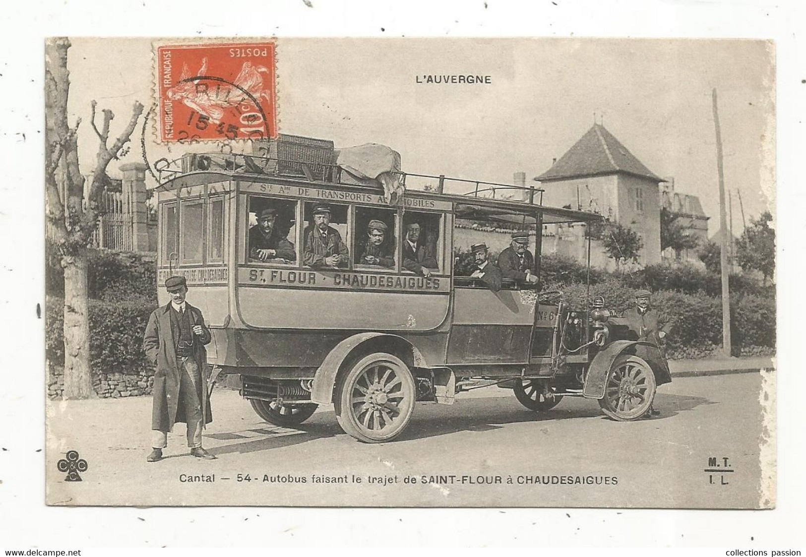 Cp,  Automobile, Autobus Faisant Le Trajet De SAINT FLOUR à CHAUDESAIGUES , Voyagée 1910 - Bus & Autocars