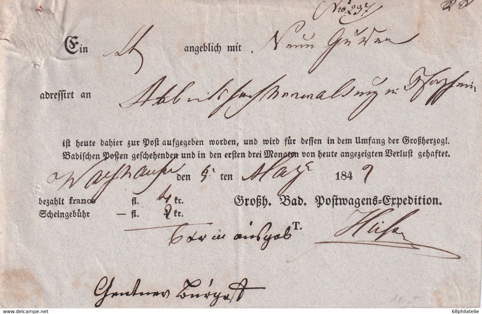BADEN 1849 DOCUMENT POSTAL - Storia Postale