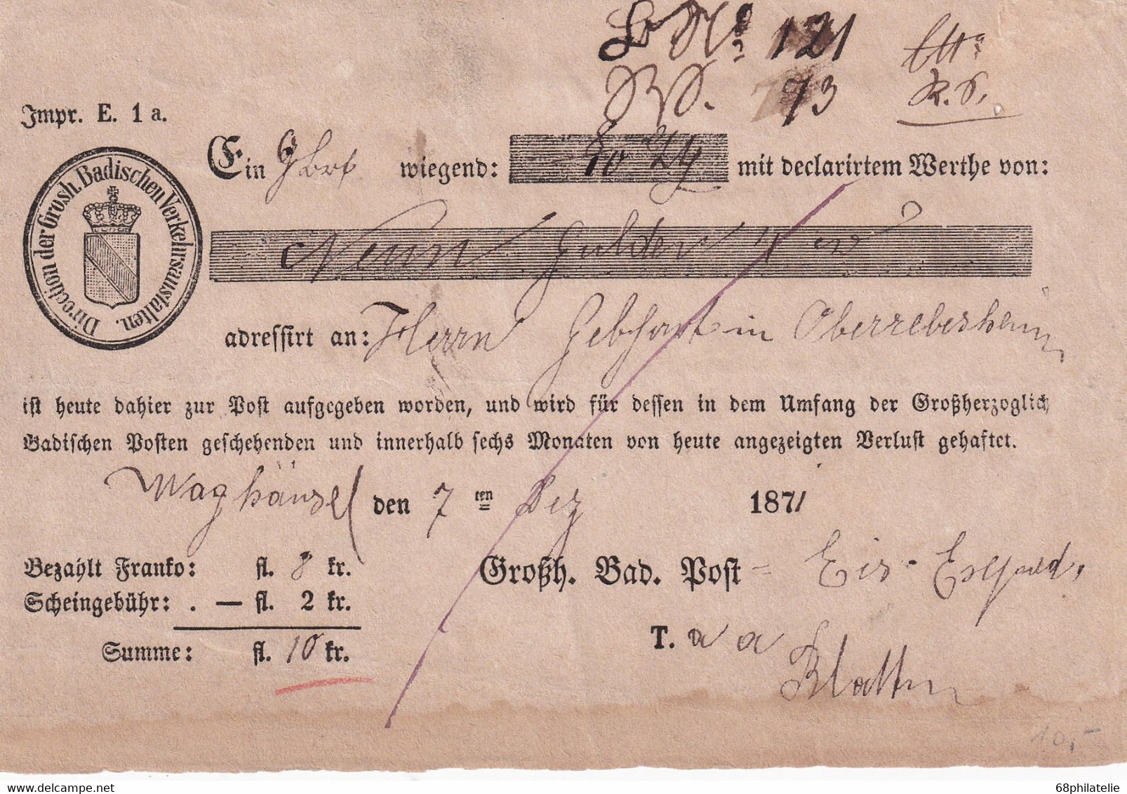 BADEN 1871 DOCUMENT POSTAL - Lettres & Documents