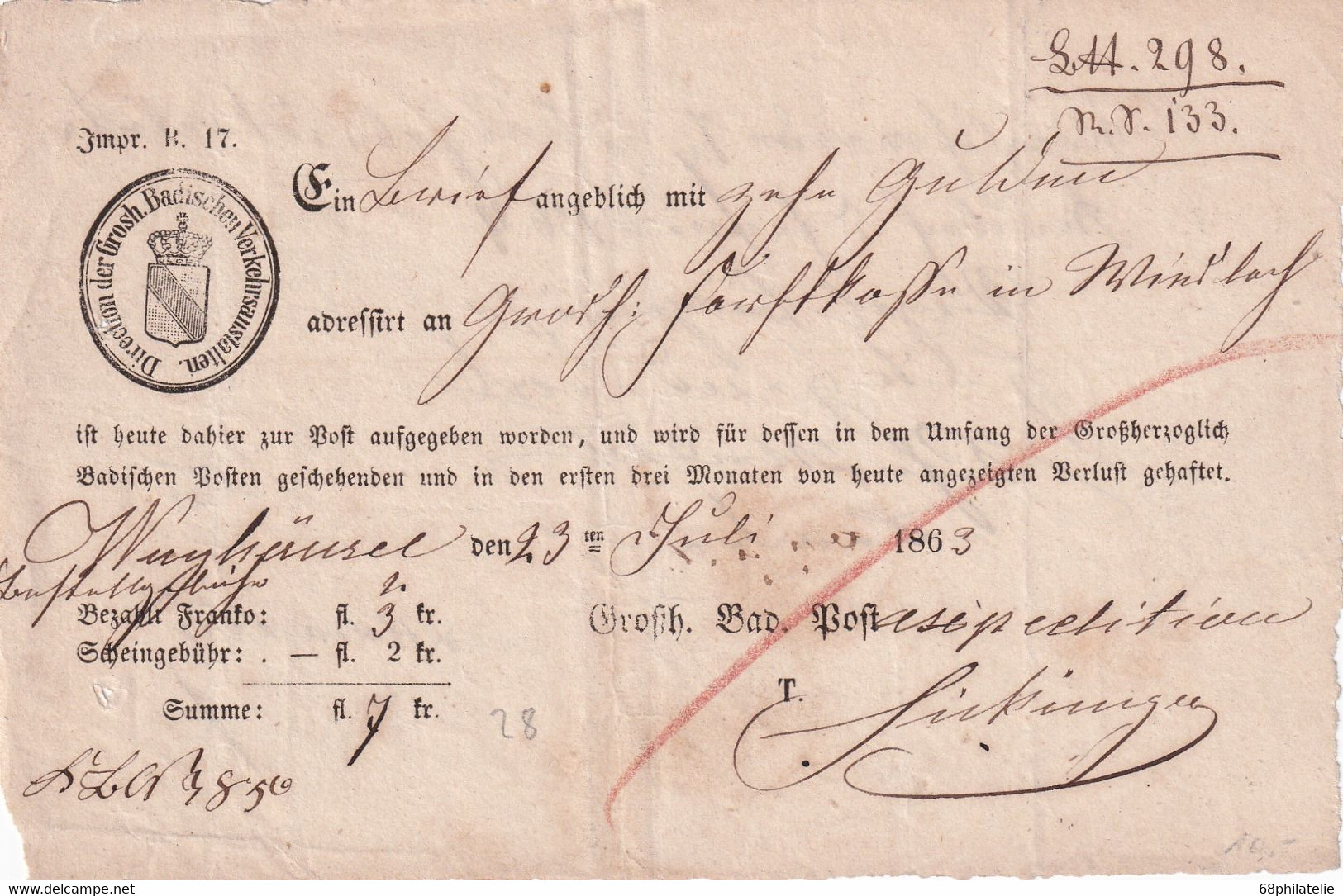 BADEN 1863 DOCUMENT POSTAL - Cartas & Documentos