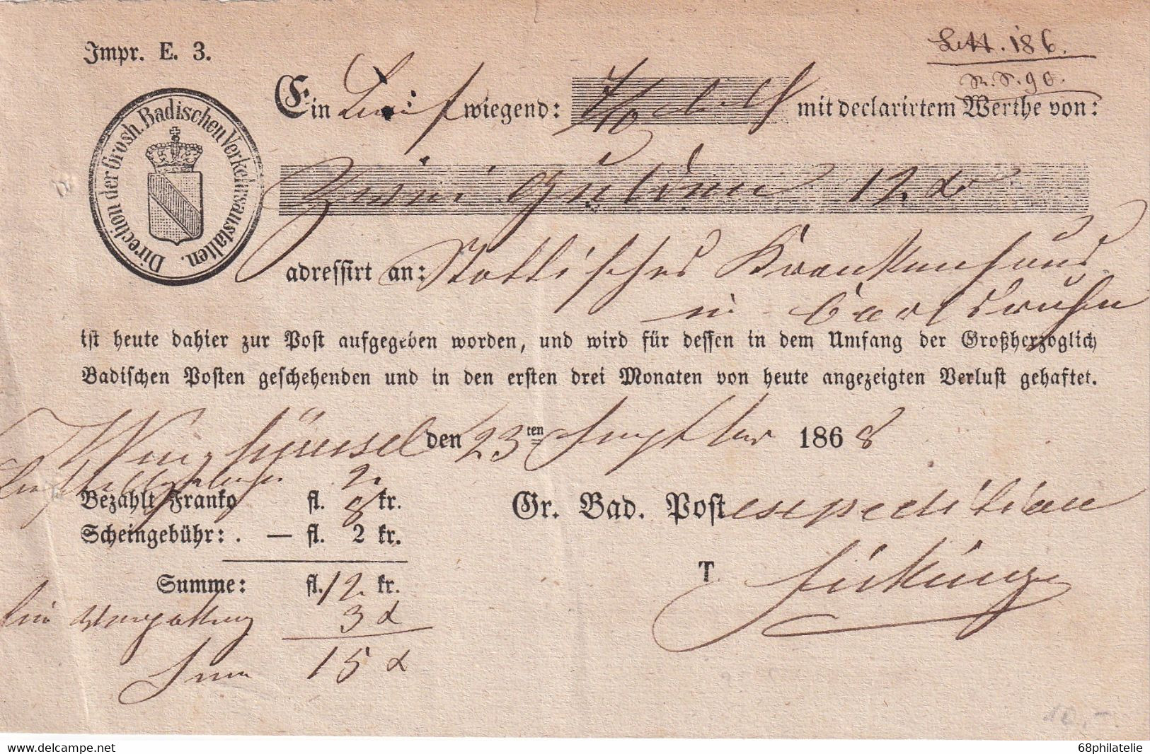 BADEN 1868  DOCUMENT POSTAL - Storia Postale