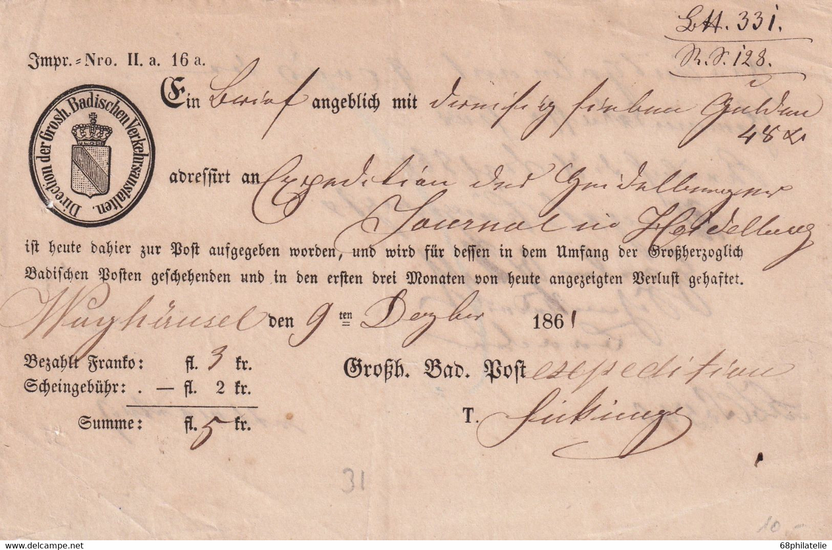 BADEN 1861  DOCUMENT POSTAL - Briefe U. Dokumente