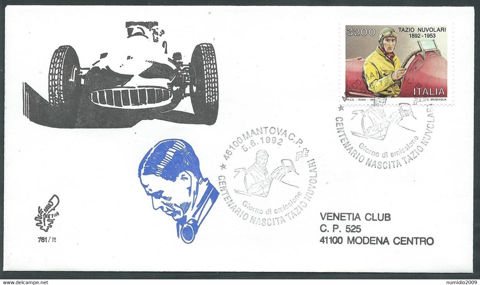 1992 ITALIA FDC VENETIA 761 AUTO TAZIO NUVOLARI TIMBRO ARRIVO - A - FDC