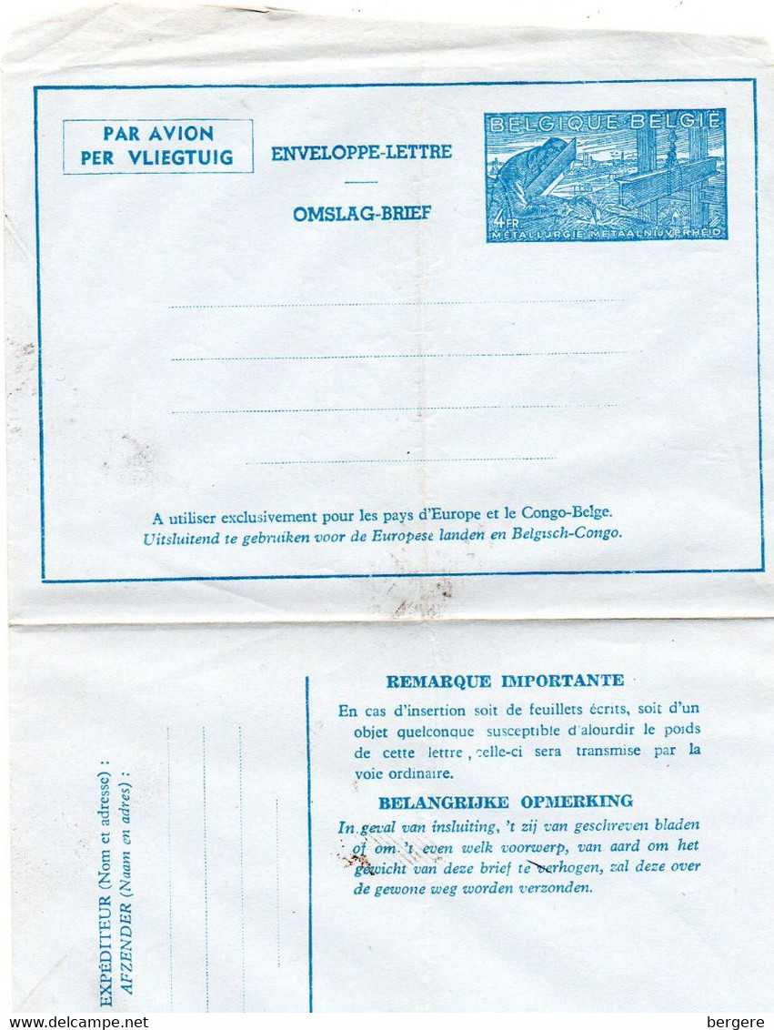 Belgique - Enveloppe Lettre - Par Avion - Metallurgie 4 Frcs - Europe-Congo Belge - Neuve - Non écrite - - Enveloppes-lettres