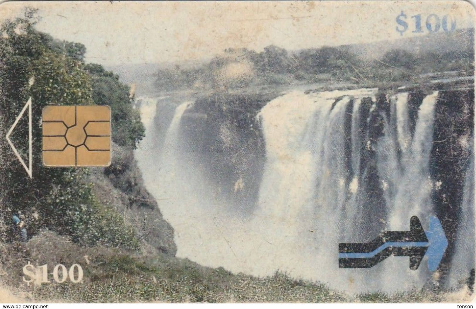 Zimbabwe, ZIM-02, $100, Waterfalls, 2 Scans.   NB : Much Used ! - Simbabwe