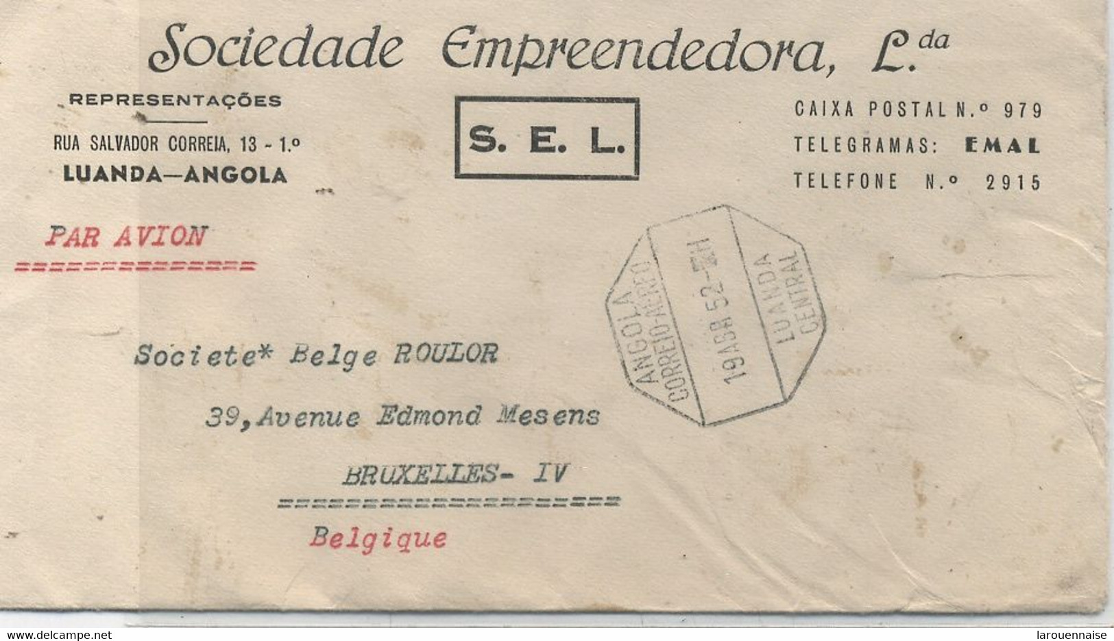 ANGOLA N° 302 X 2 + 329 +331 +352 / LETTRE /par AVION Pour BRUXELLES (Belgique) C à D .LUANDA 19 ABR 52 . - Other & Unclassified