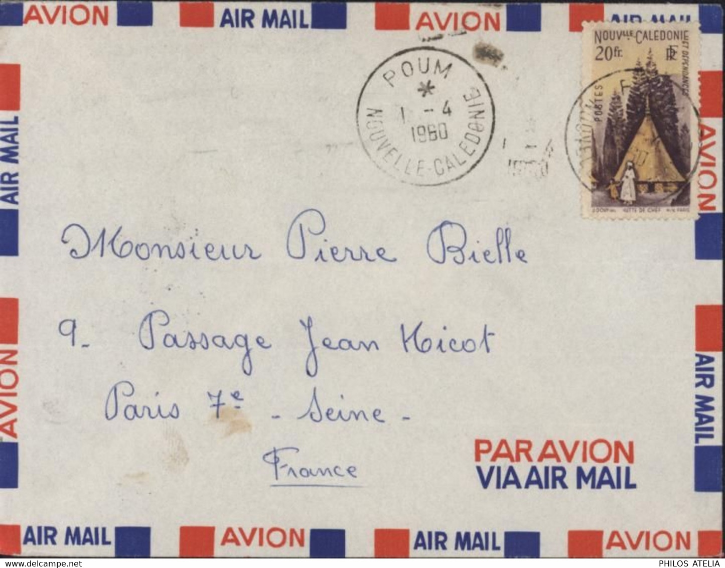 CAD Rare île De Poum Nouvelle-Calédonie 1 4 1960 Enveloppe Par Avion  YT 276 Seul Sur Lettre Hutte Chef Transit Nouméa - Brieven En Documenten