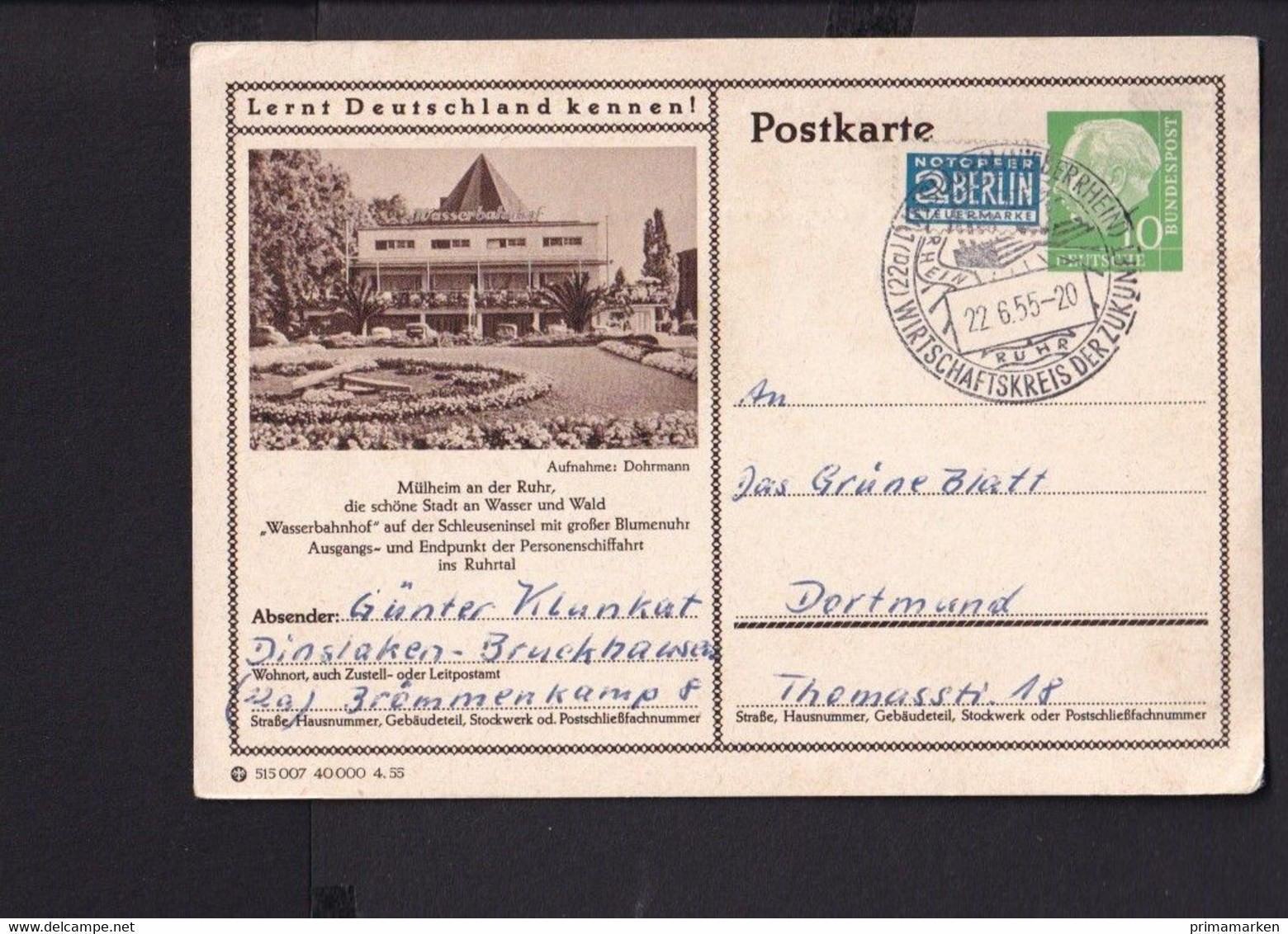 RK1.7 /  BRD Ganzsache Bildpostkarte  Heuss 1955 , Mülheim  /  Stempel  Dinslaken - Cartes Postales Illustrées - Oblitérées